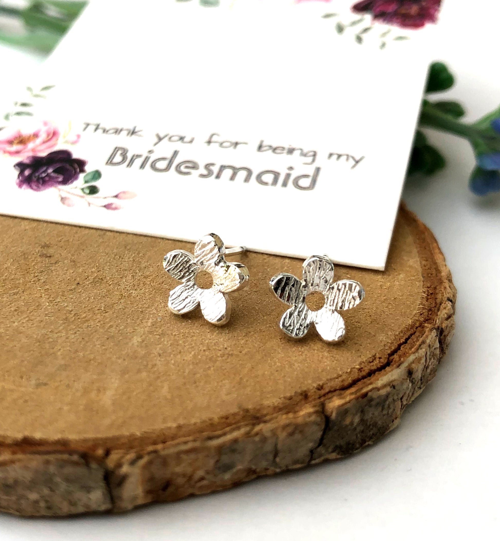 Sterling Silver Small Flower Earrings with thank you for being my bridesmaid card