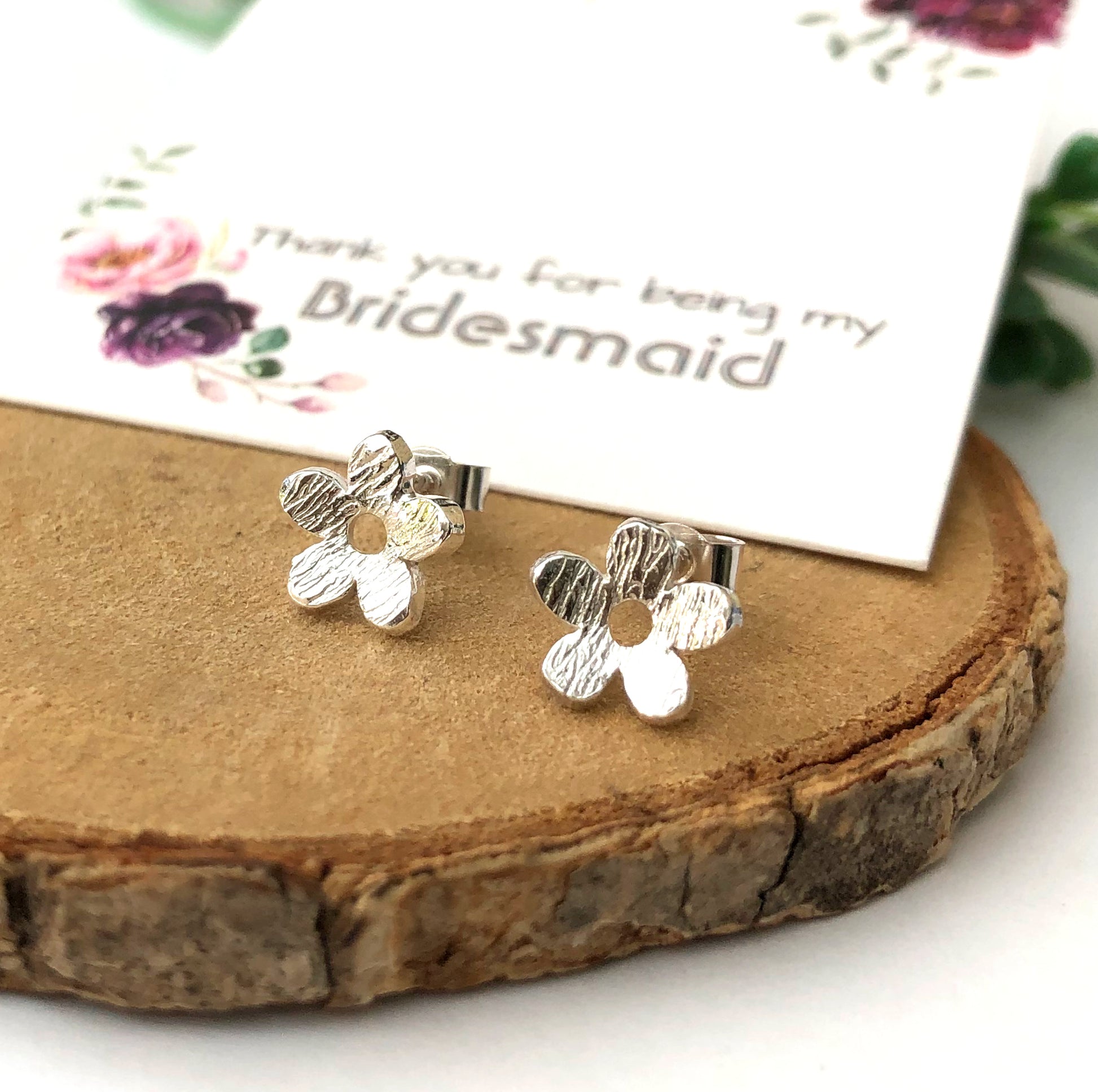 Sterling Silver Mini Flower Earrings with thank you bridesmaid gift card