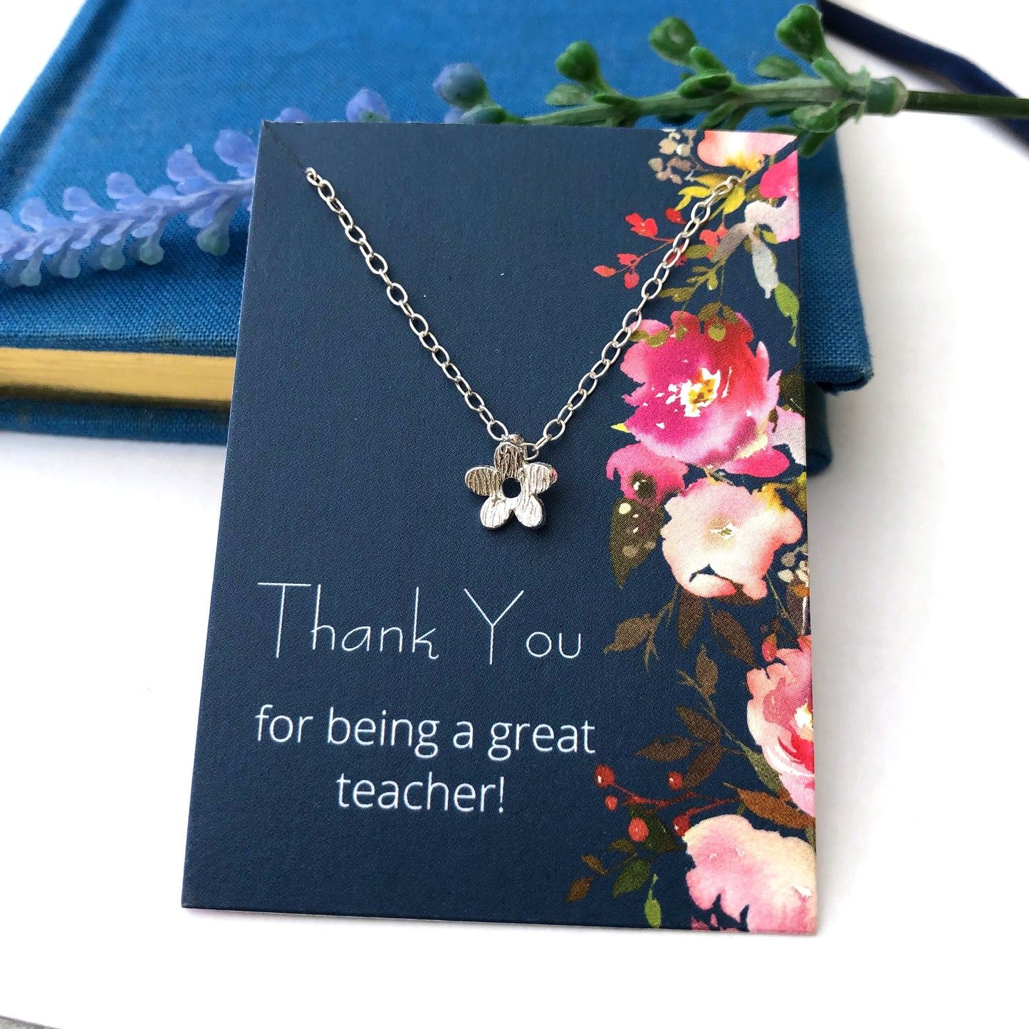 Sterling Silver Mini Textured Flower Necklace, Thank You Teacher Gift