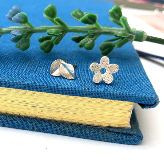 mismatched sterling silver dainty leaf and flower stud earrings