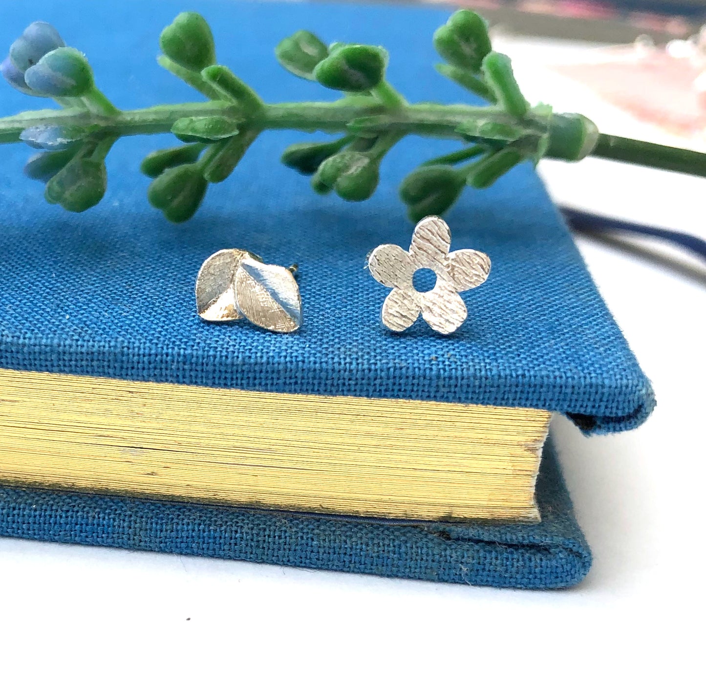 Dainty Flower And Leaf Mismatched Earrings, Sterling Silver Botanical Floral Stud Earrings