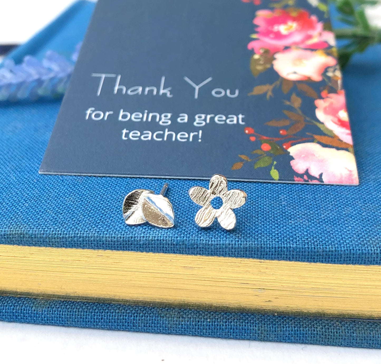 Sterling Silver Mismatched Flower And Leaf Earrings, Thank You Teacher Gift