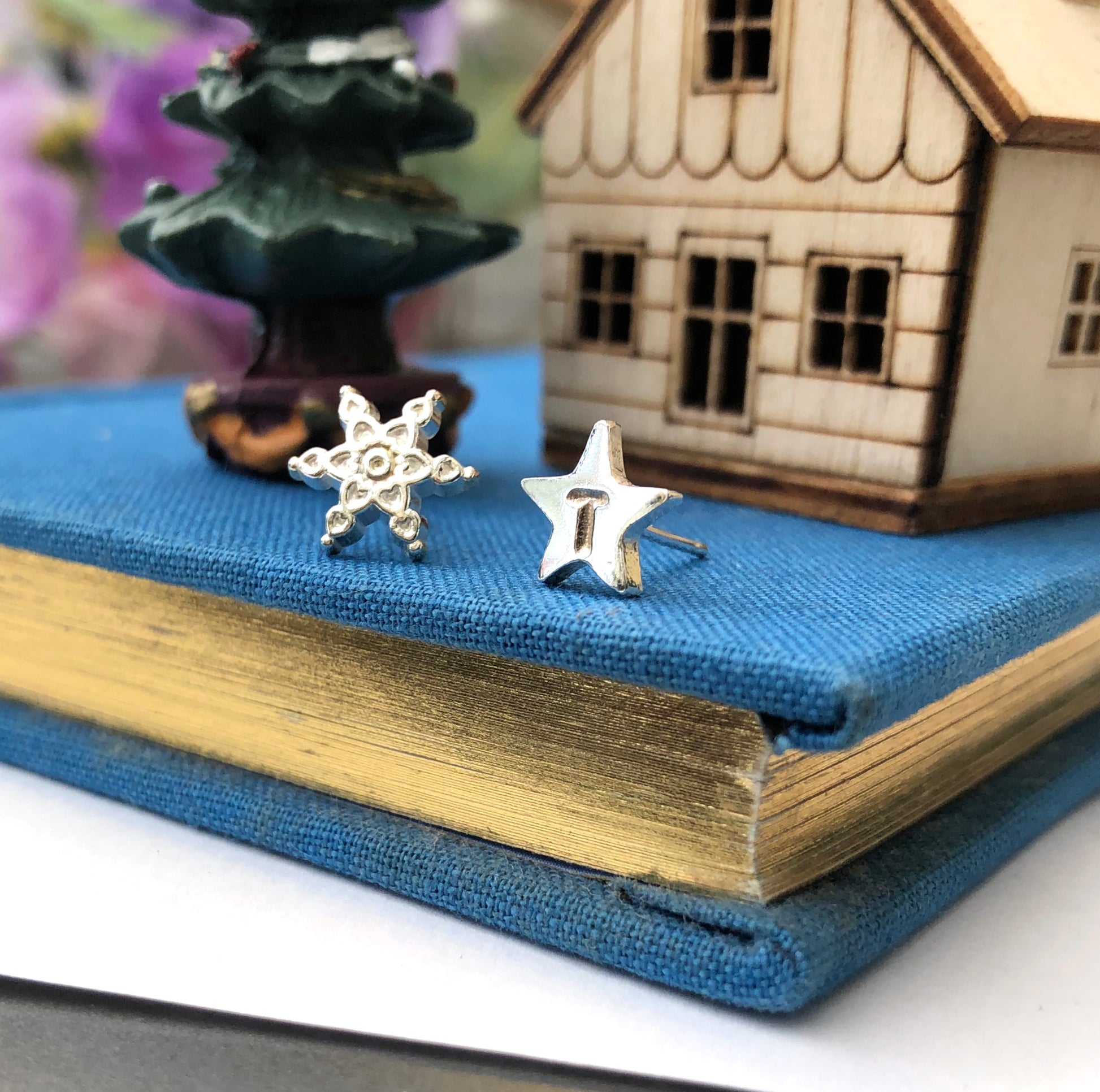 Personalised Mismatched Sterling Silver Snowflake and Initial Star Earrings