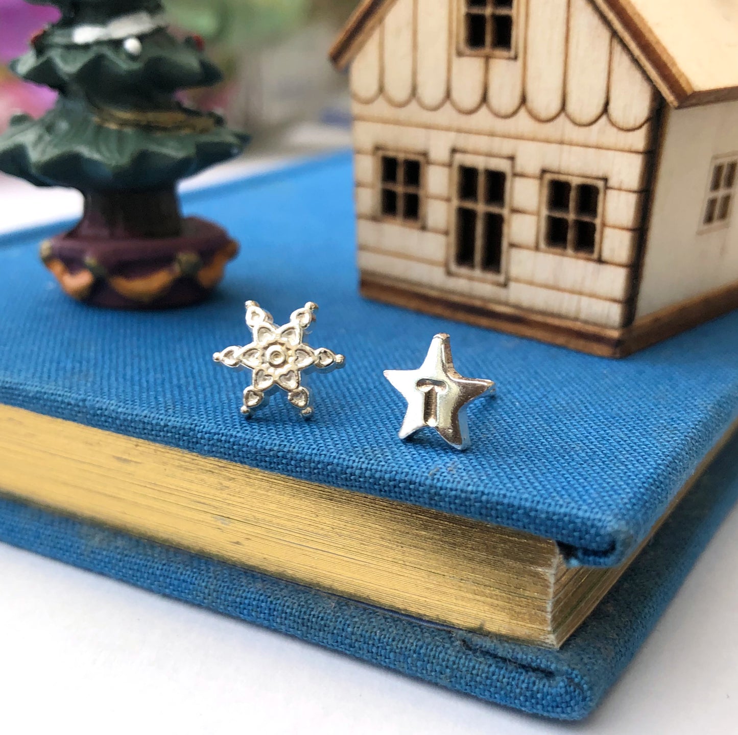 Personalised Mismatched Sterling Silver Snowflake and Initial Star Earrings