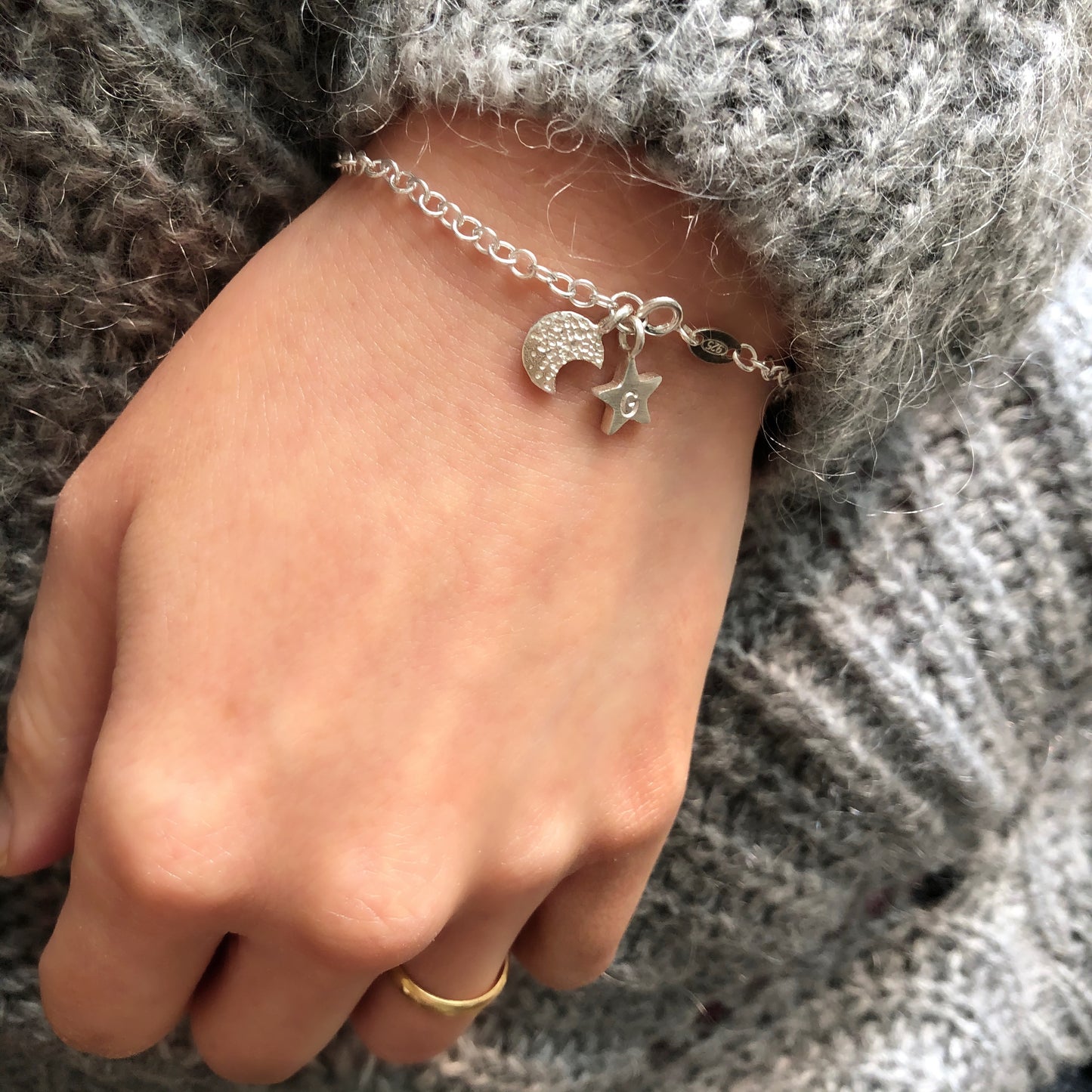 Personalised Sterling Silver Crescent Moon And Initial Star Bracelet