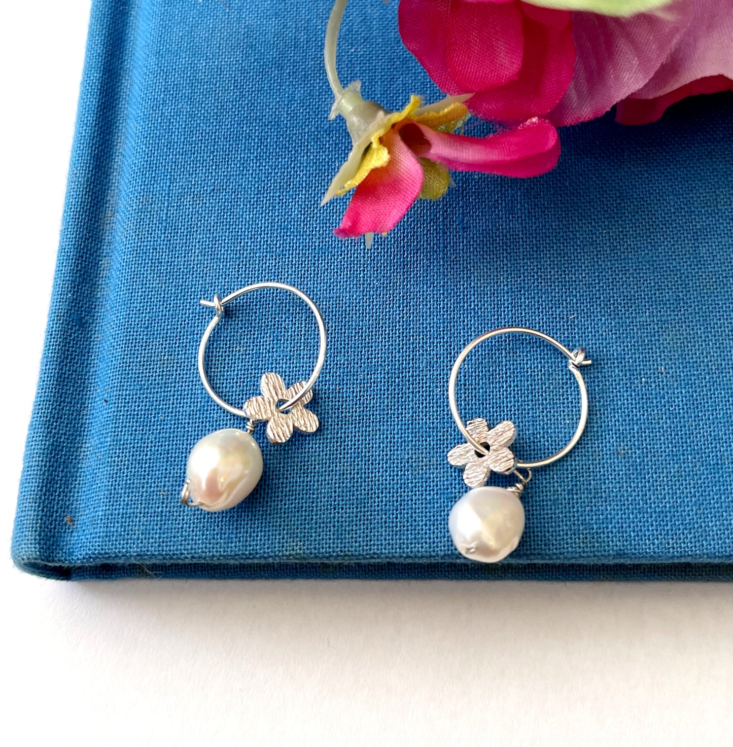 Delicate Leaf And Pearl Sterling Silver Hoop Earrings