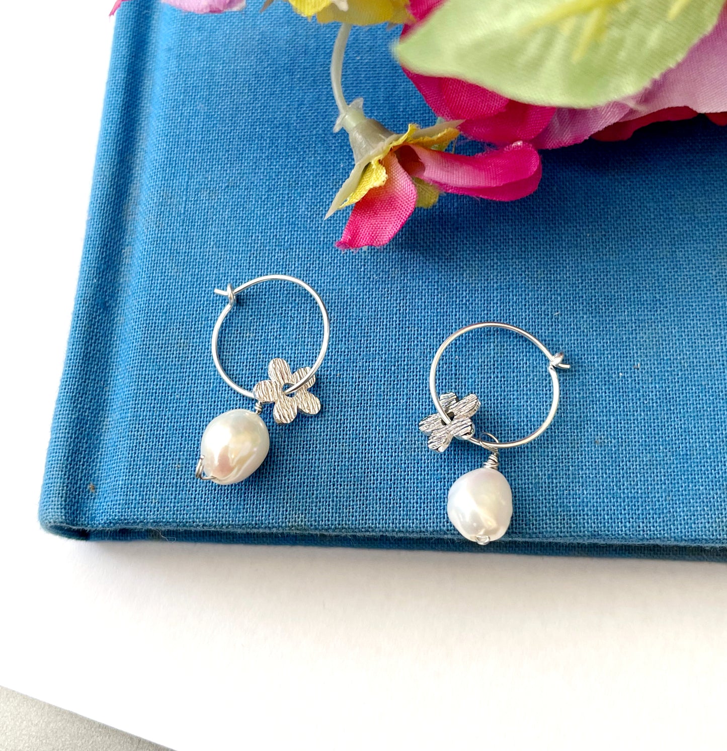 Delicate Leaf And Pearl Sterling Silver Hoop Earrings