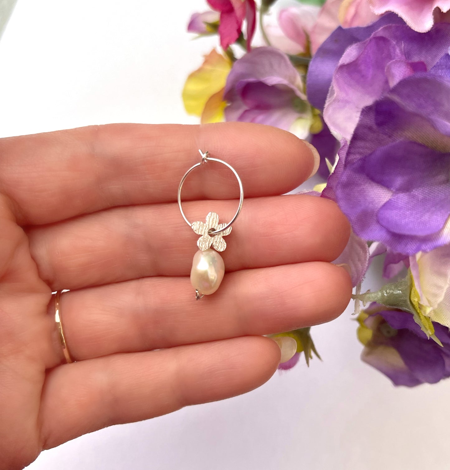 Delicate Leaf And Pearl Sterling Silver Hoop Earrings