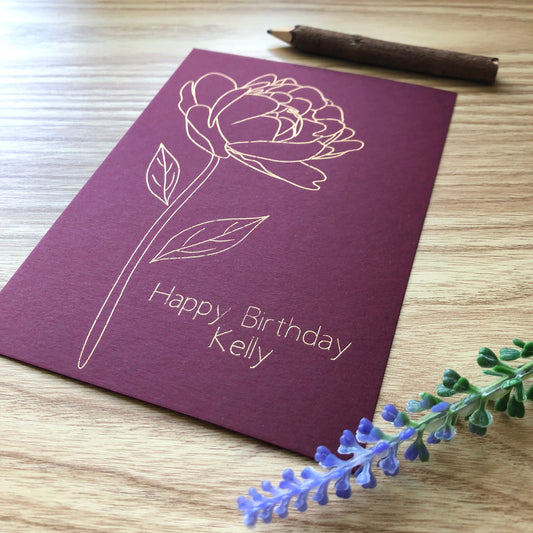 Personalised Peony Flower Gold Foil Birthday Card