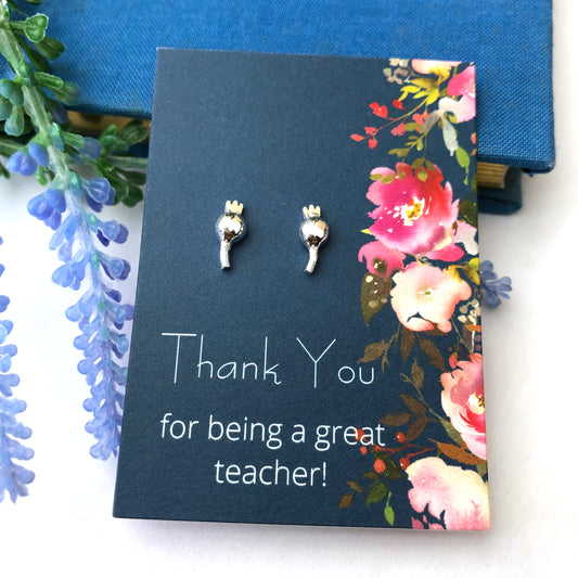 Sterling Silver Poppy Seed Head Earrings with Thank You for being a great Teacher Gift card