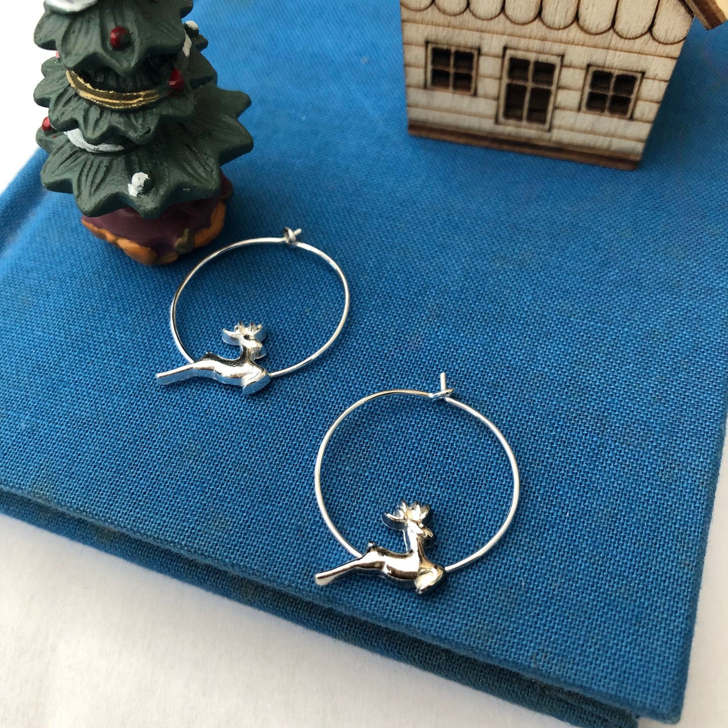 Sterling Silver Reindeer Hoop Earrings