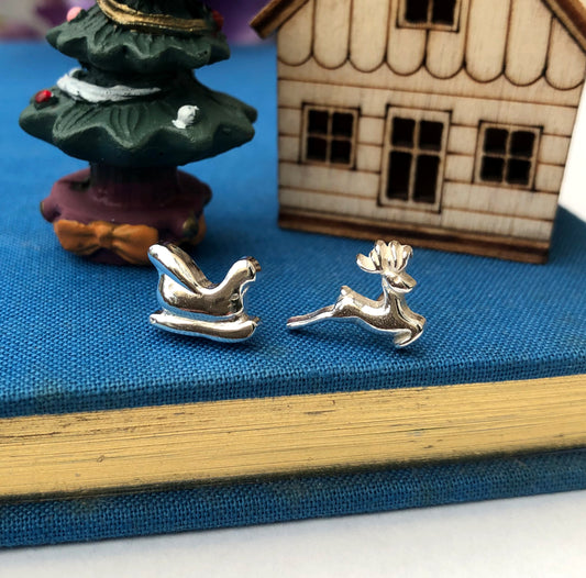 Sterling Silver Mismatched Reindeer And Santa Sleigh Earrings