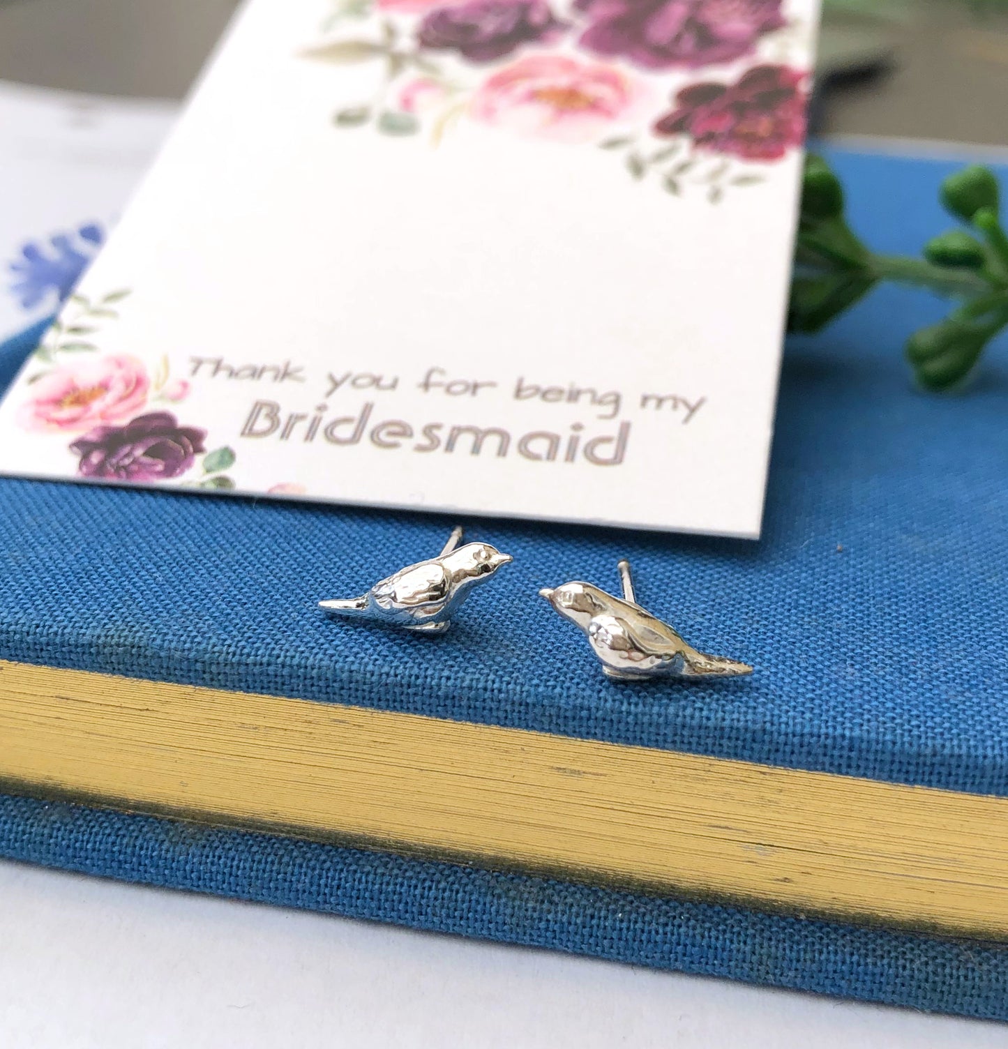 Sterling Silver Thank You Bridesmaid Robin Bird Earrings