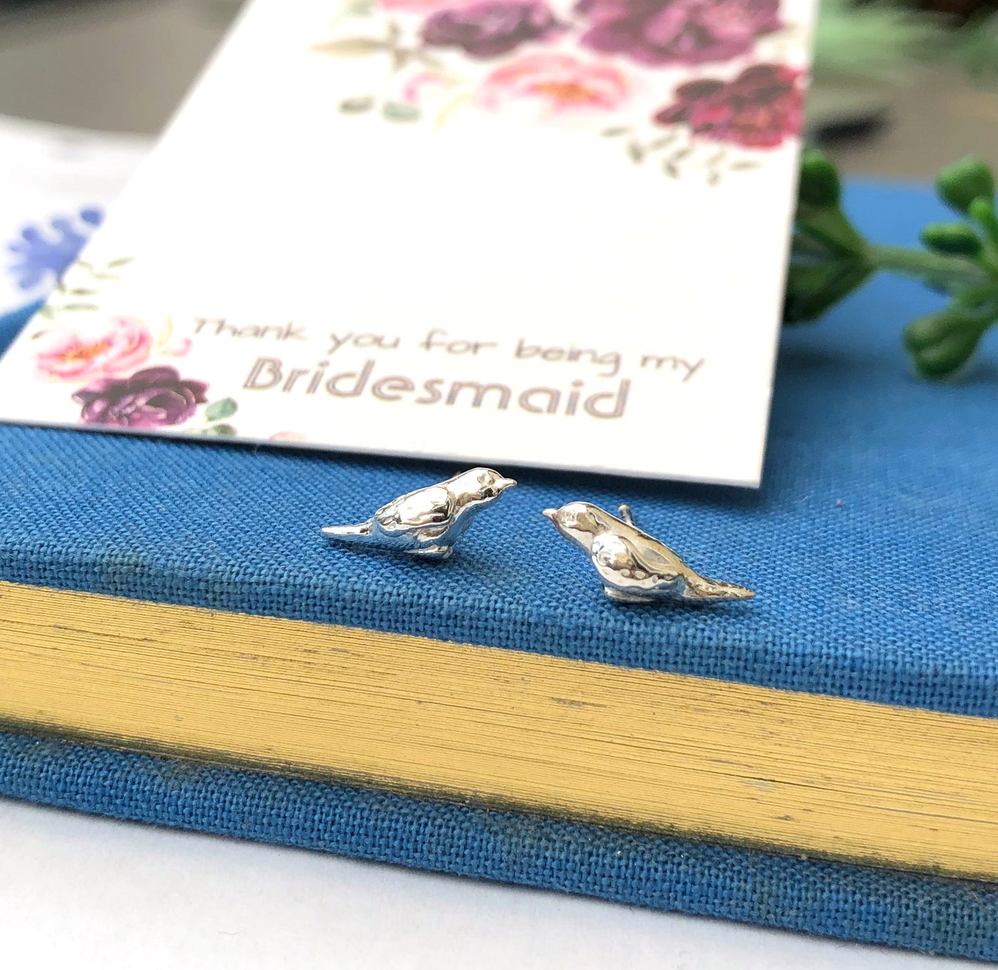 Sterling Silver Robin Bird Earrings with thank You Bridesmaid card