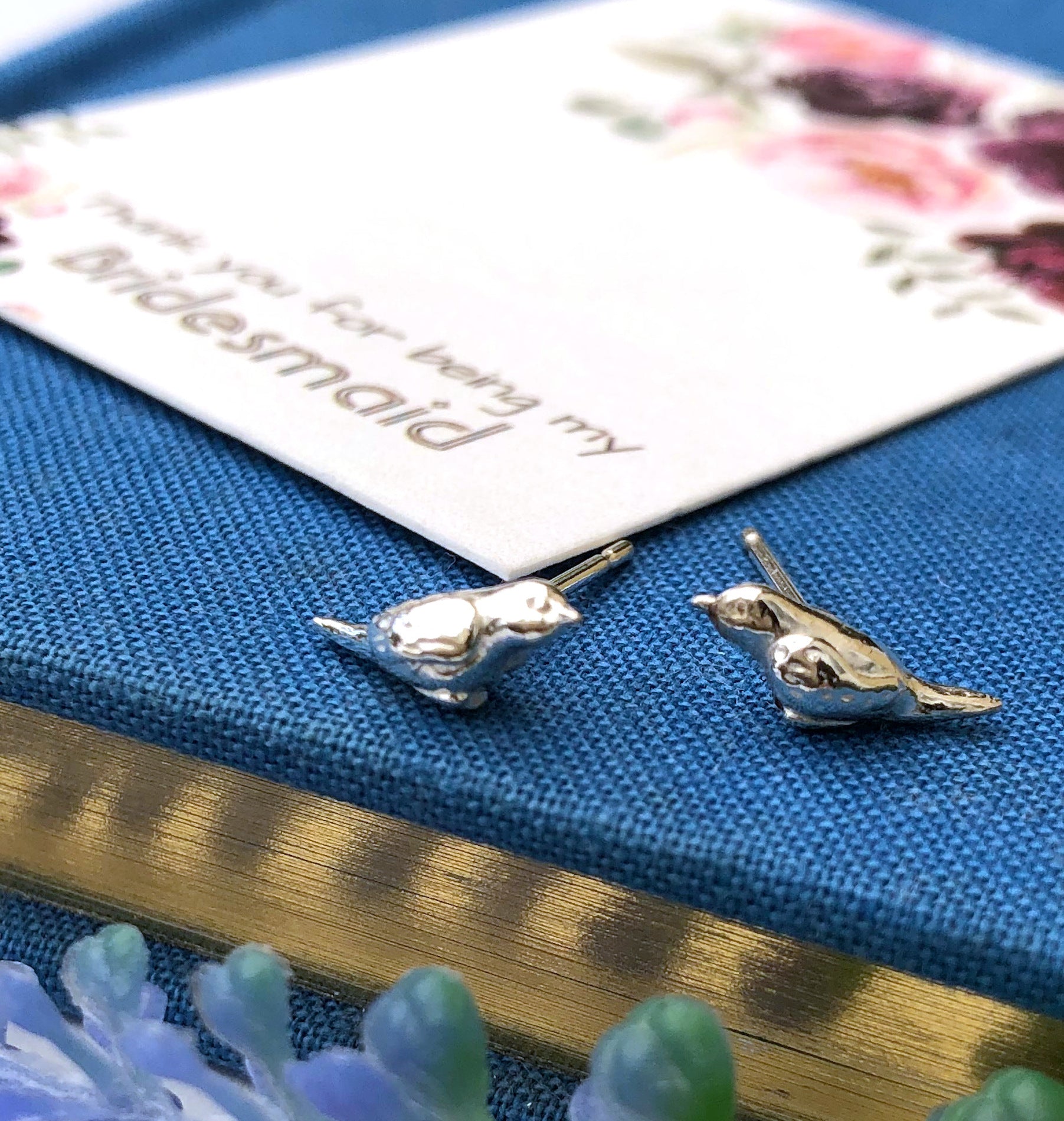 Sterling Silver Mini Robin Earrings with thank you for being my bridesmaid gift card