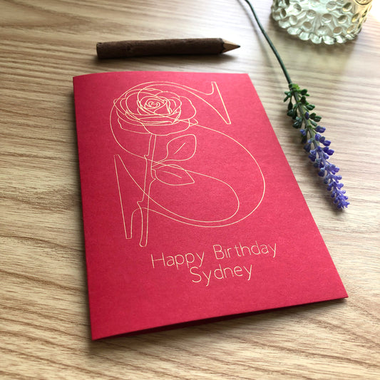 custom rose and initial personalise birthday card