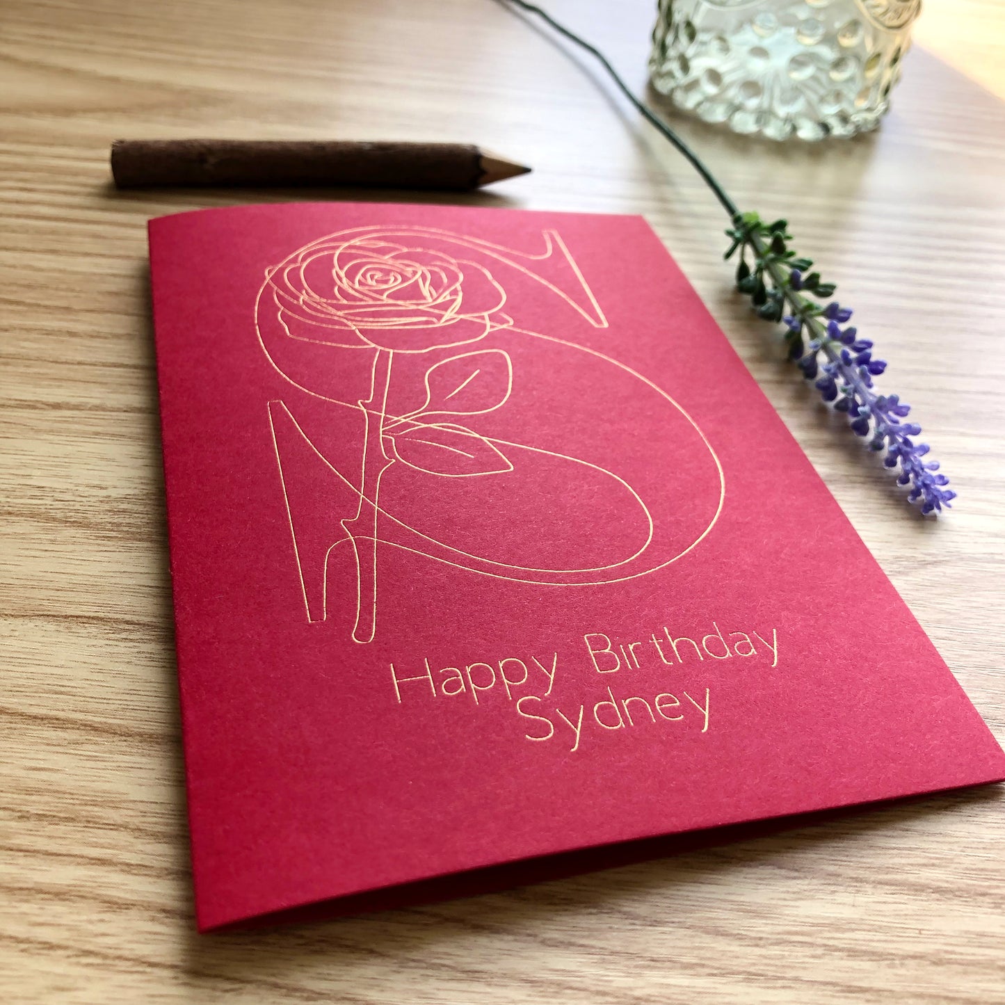 red personalised message rose initial gold foil card 