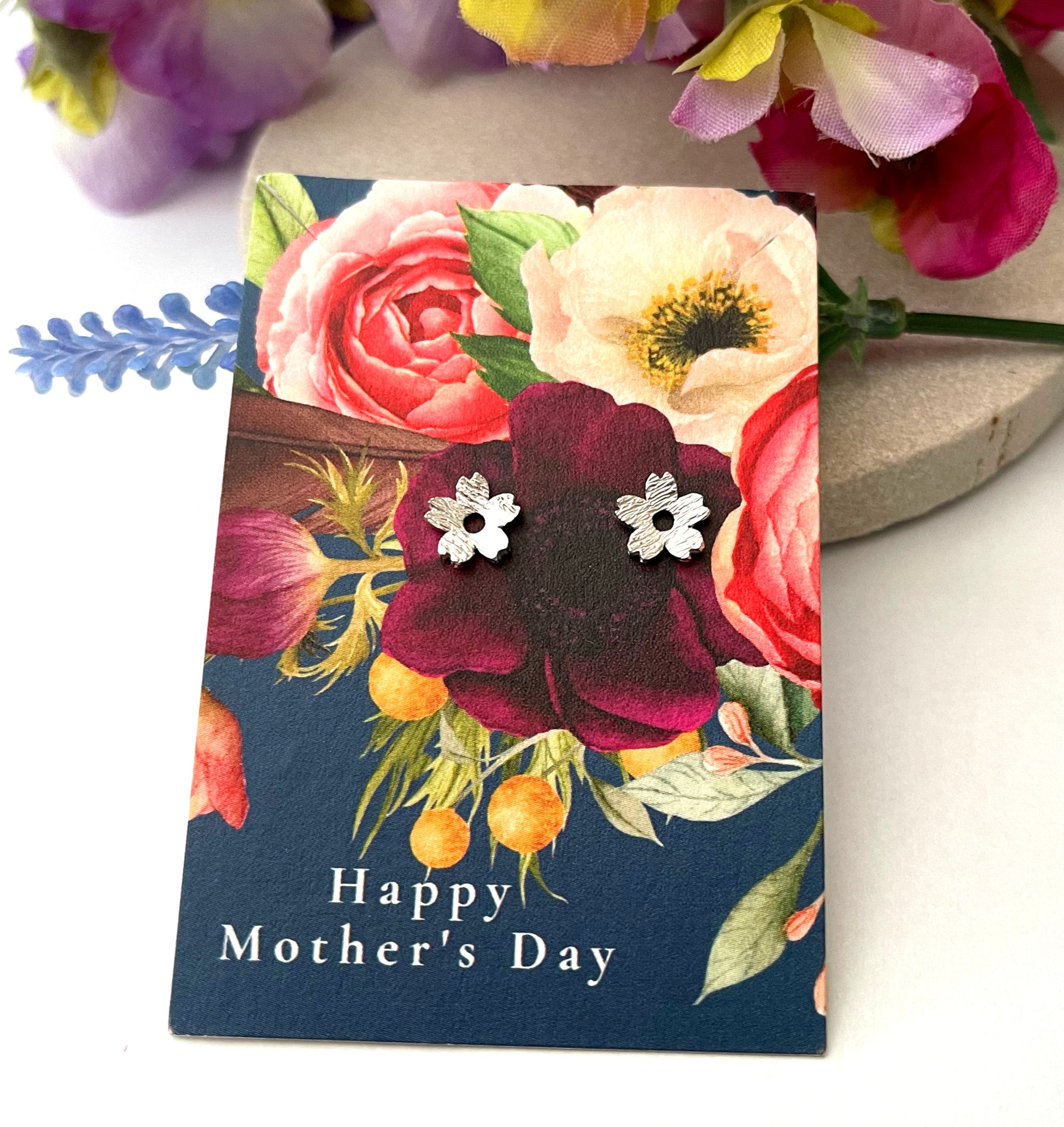 sterling silver cherry blossom earrings with happy mother's day gift card 