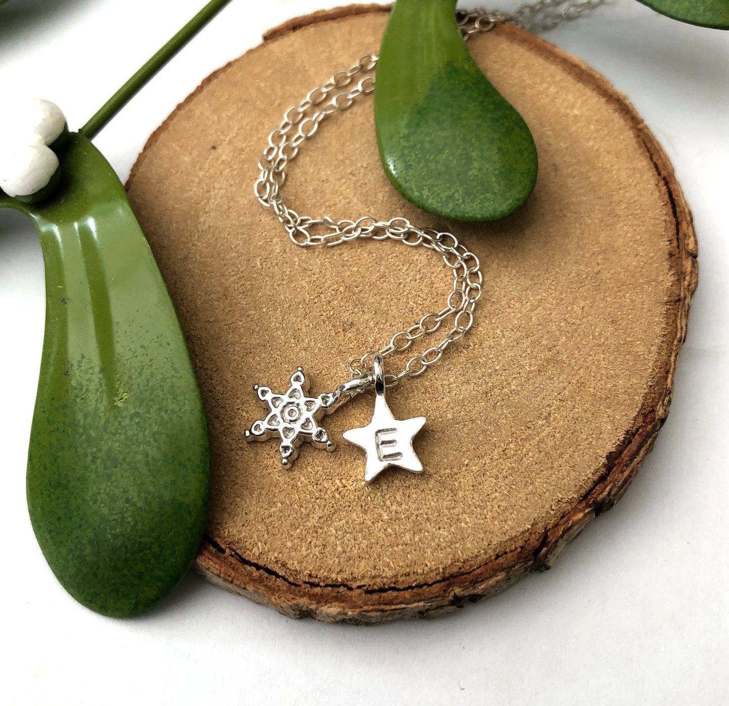 Personalised Sterling Silver Snowflake And Initial Star Necklace