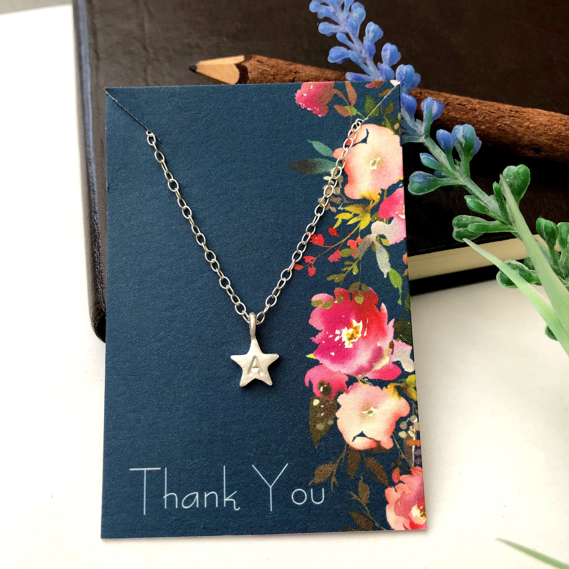 personalised initial star necklace with thank you teacher card 