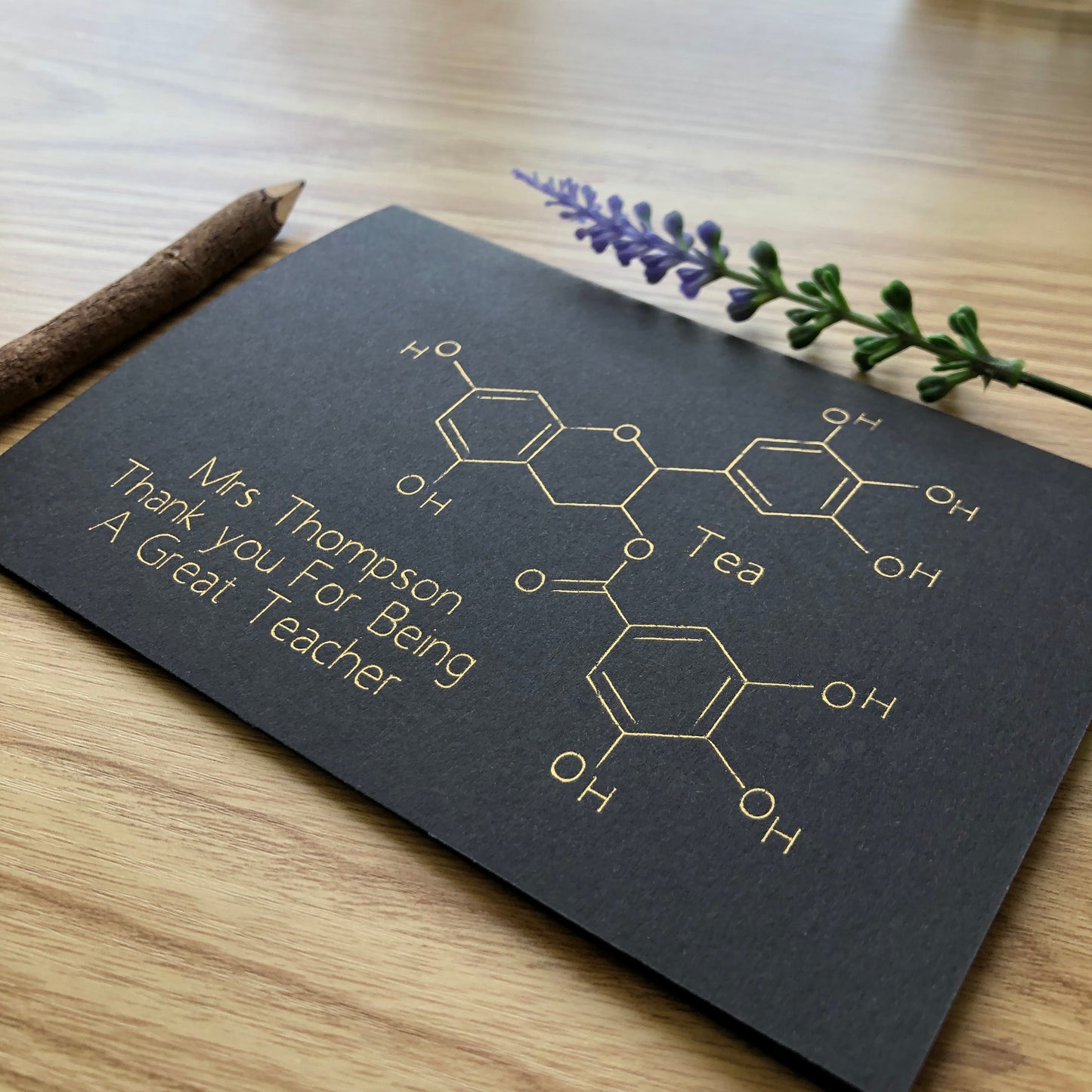 personalised science teacher gold foil tea chemistry card