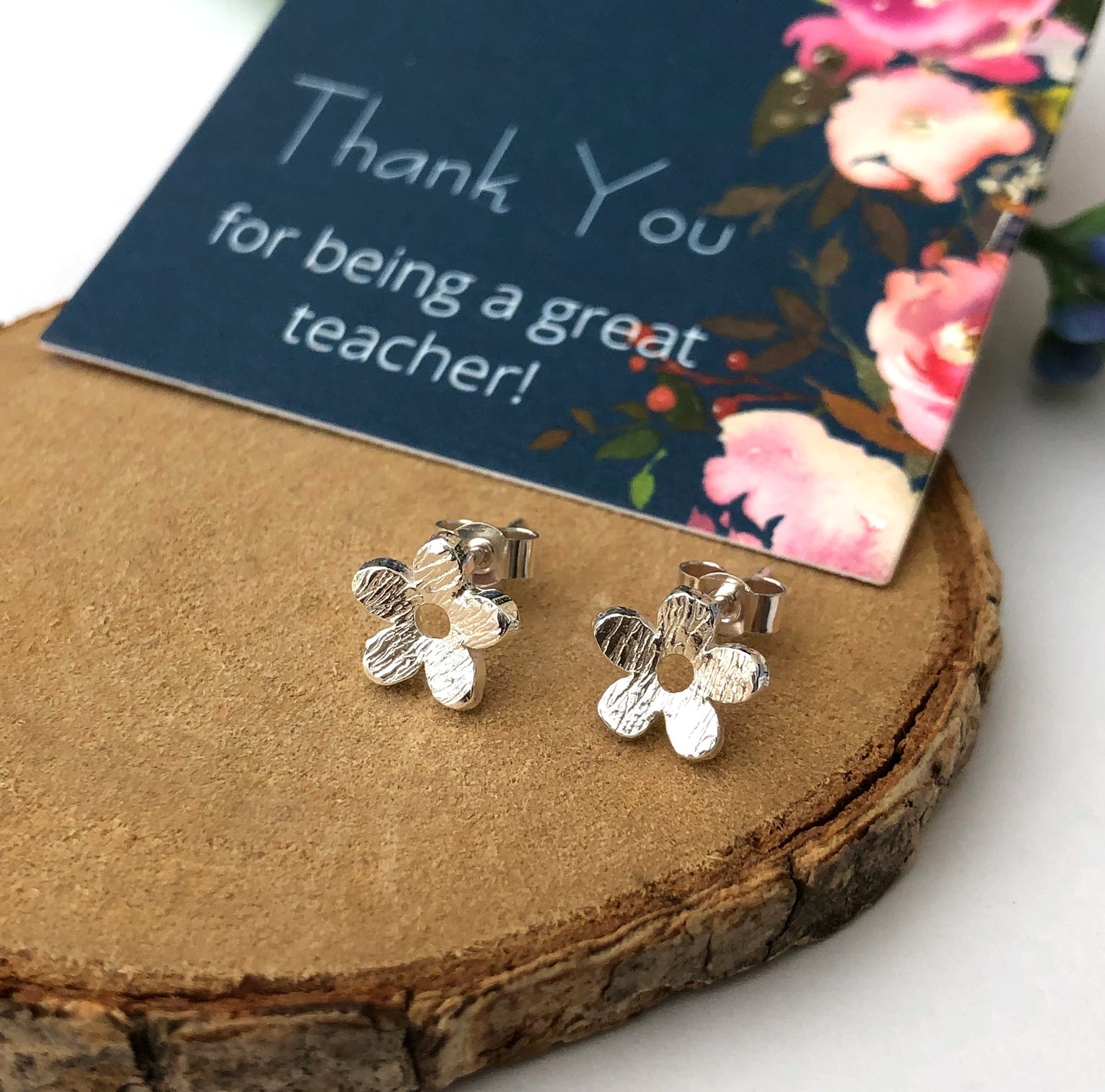 Sterling Silver Small  Flower Earrings with thank you for being a great teacher card