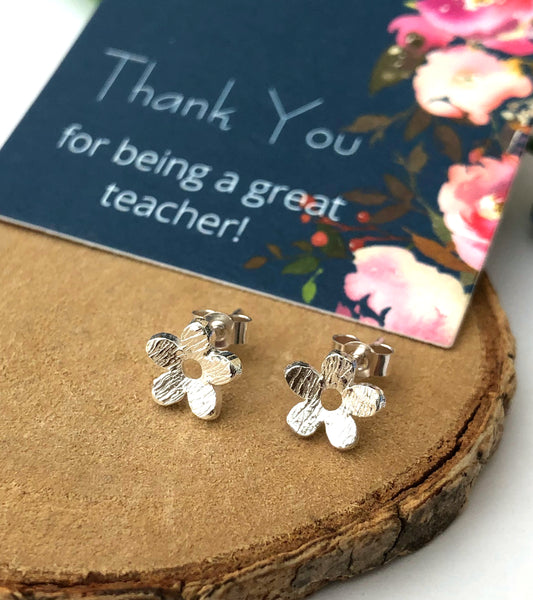 Sterling Silver Mini textured Flower stud Earrings with thank you teacher gift card