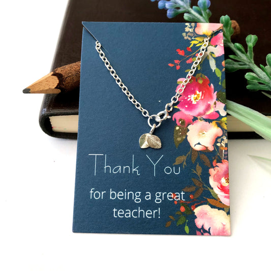 Sterling Silver Thank You Teacher Mini Leaf Bracelet