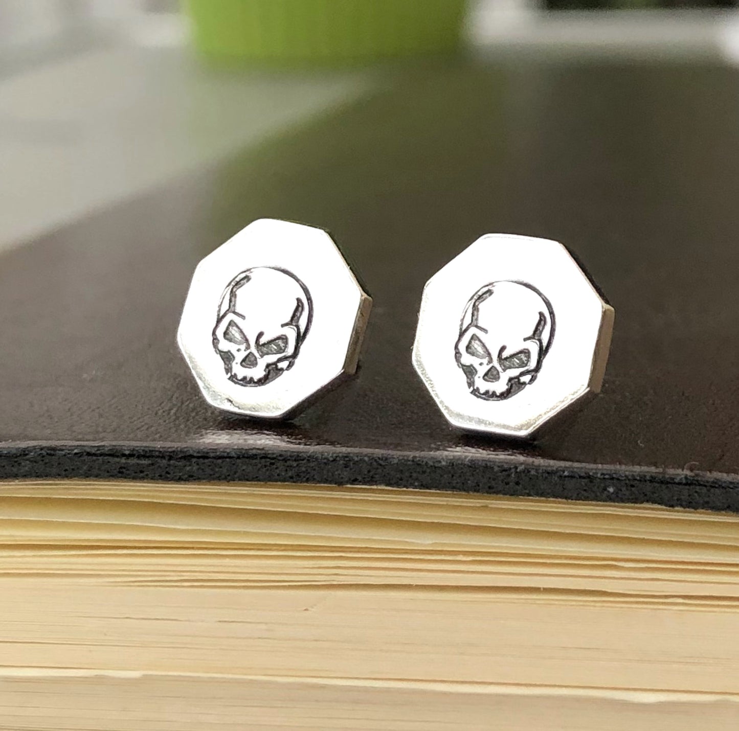 Sterling Silver Angry Skull Earrings, Hexagon Studs