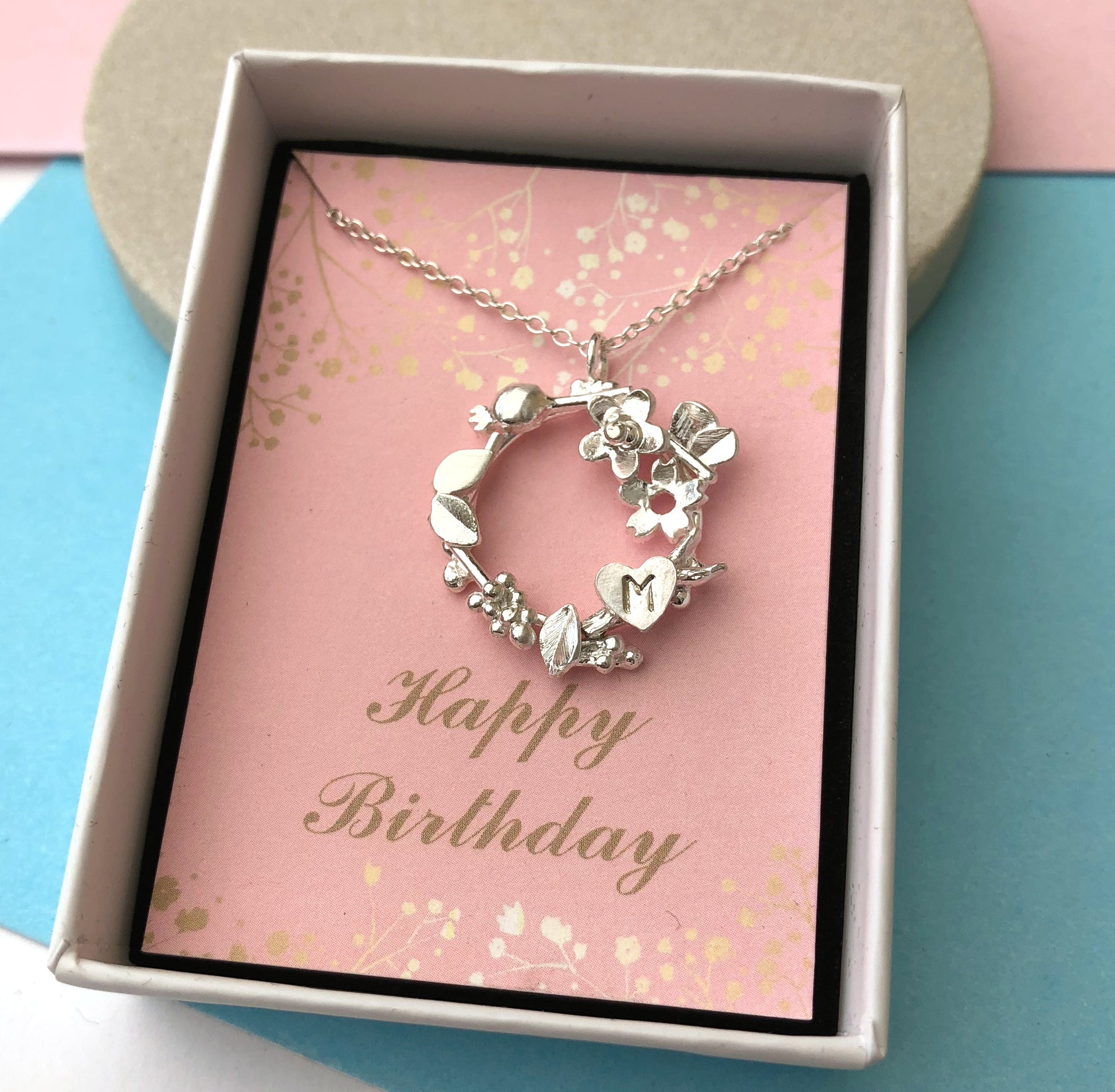 floral wreath necklace with happy birthday card 