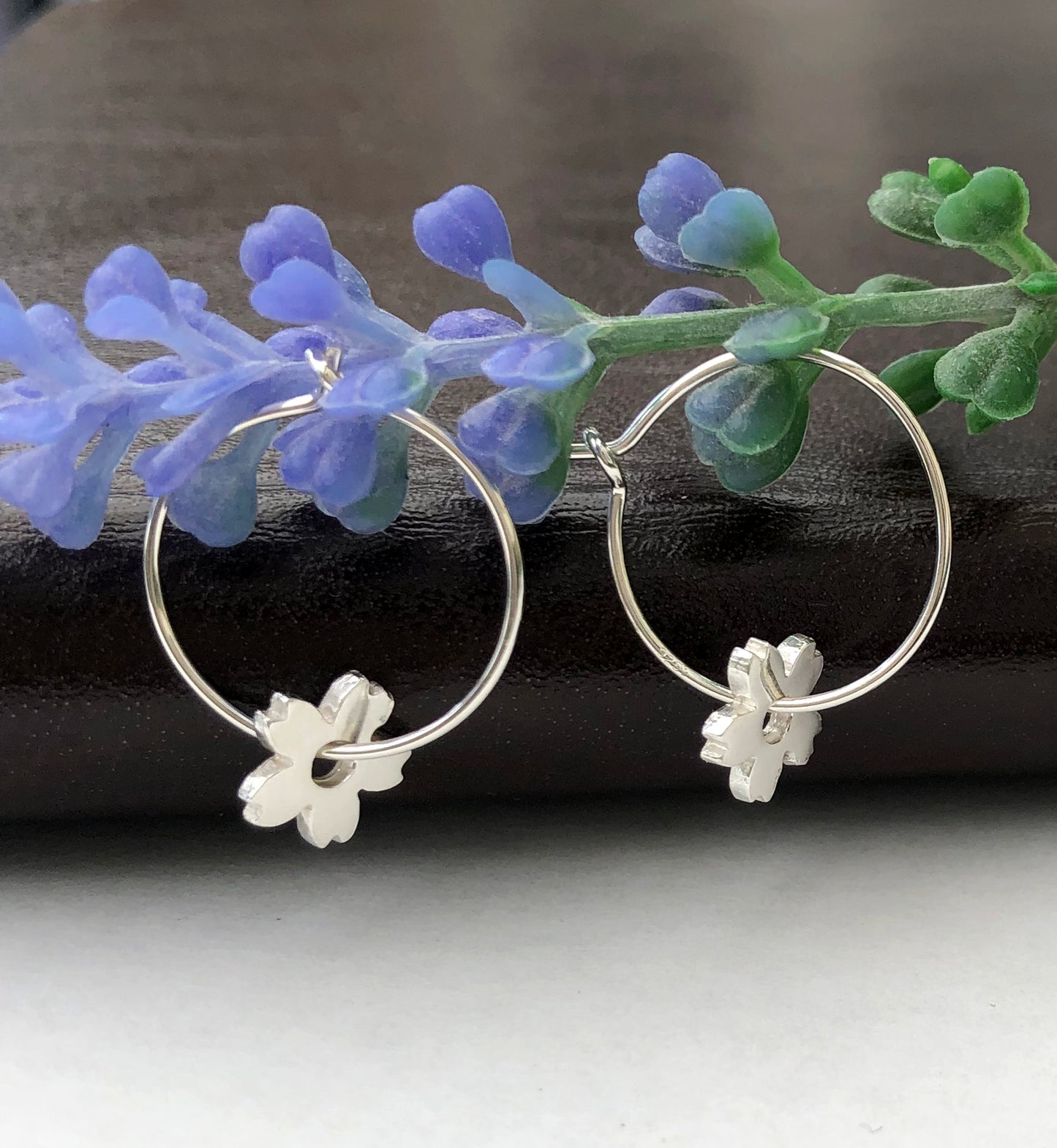 Small Cherry Blossom Hoop Earrings, Sterling Silver Floral Huggies, Sakura Spring Easter Jewelle