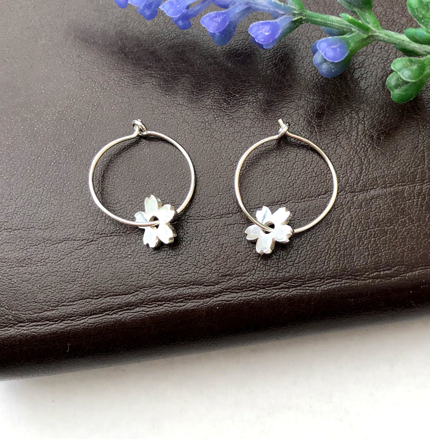 Small Cherry Blossom Hoop Earrings, Sterling Silver Floral Huggies, Sakura Spring Easter Jewelle