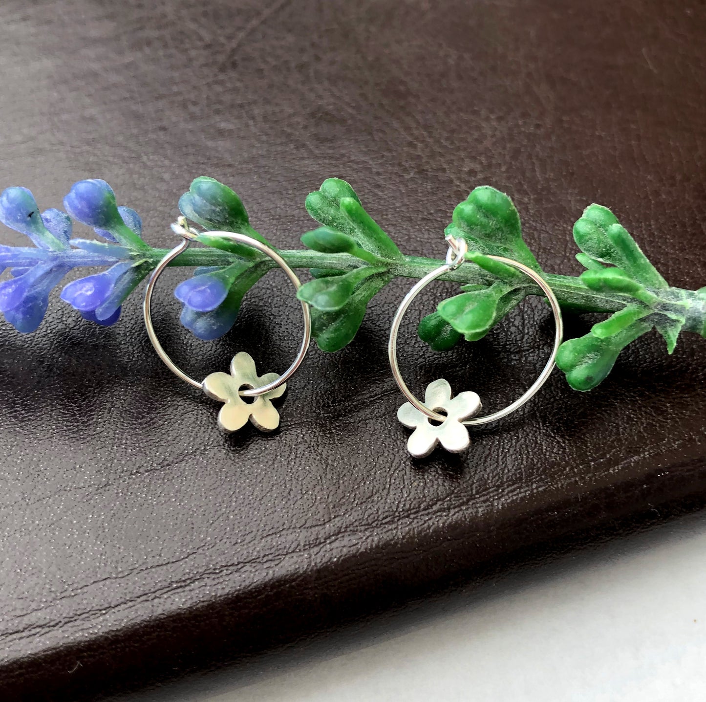 Small Cherry Blossom Hoop Earrings, Sterling Silver Floral Huggies, Sakura Spring Easter Jewelle