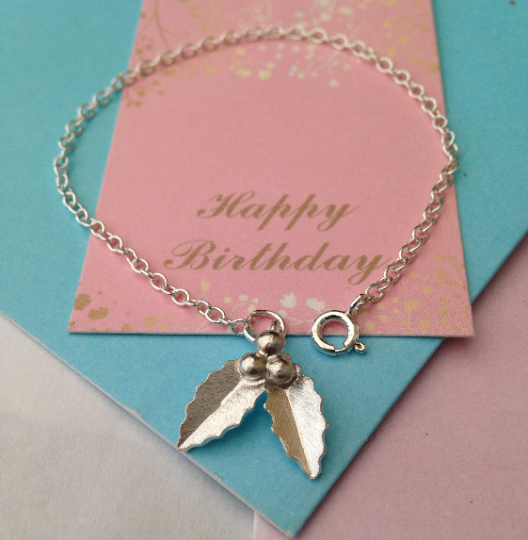 Sterling Silver Holly Leaves Charm Bracelet with happy birthday gift card