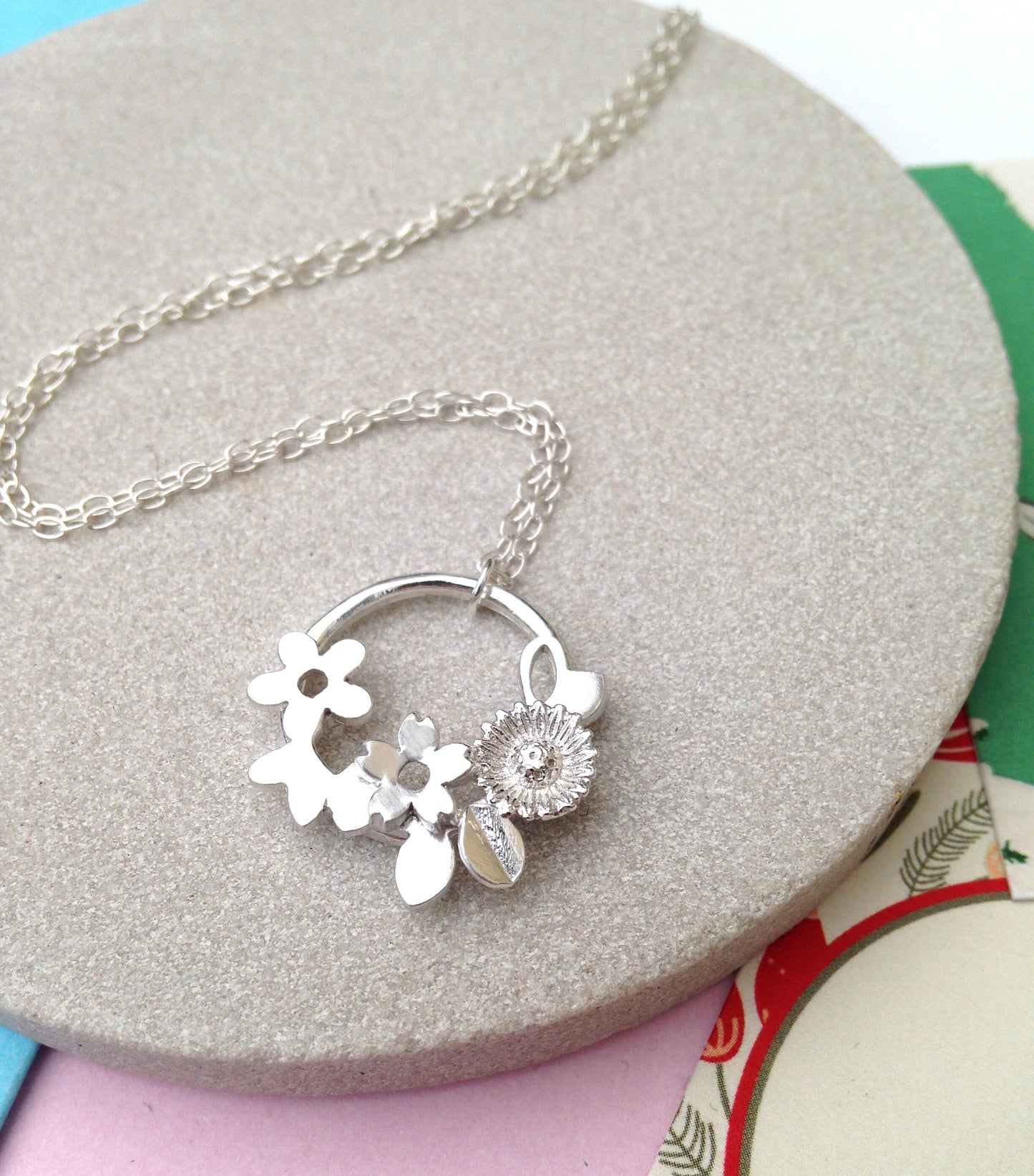Sterling Silver Flower Garland Necklace, Floral Wreath Pendant, Floral Eternity Charm, Nature Botanical Jewellery, Birthday Gift For Friend