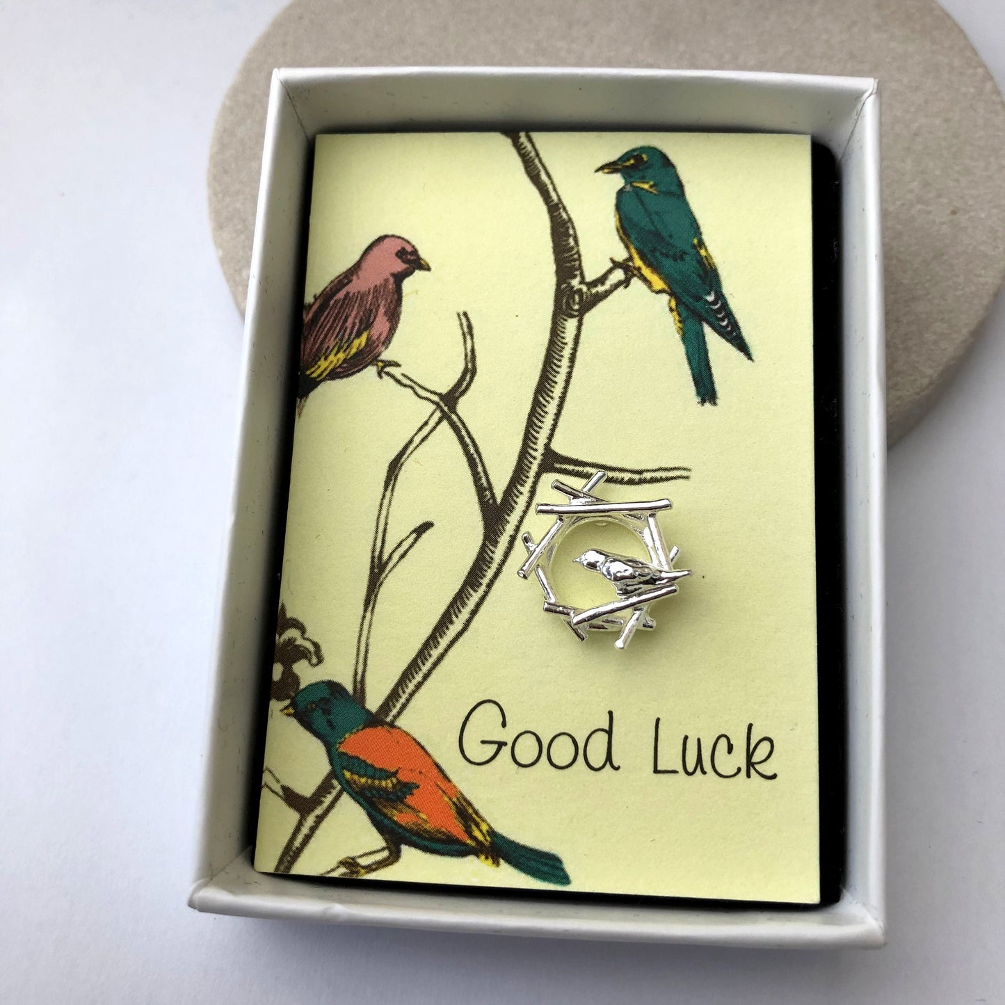 sterling silver robin bird nest pin brooch with good luck gift card