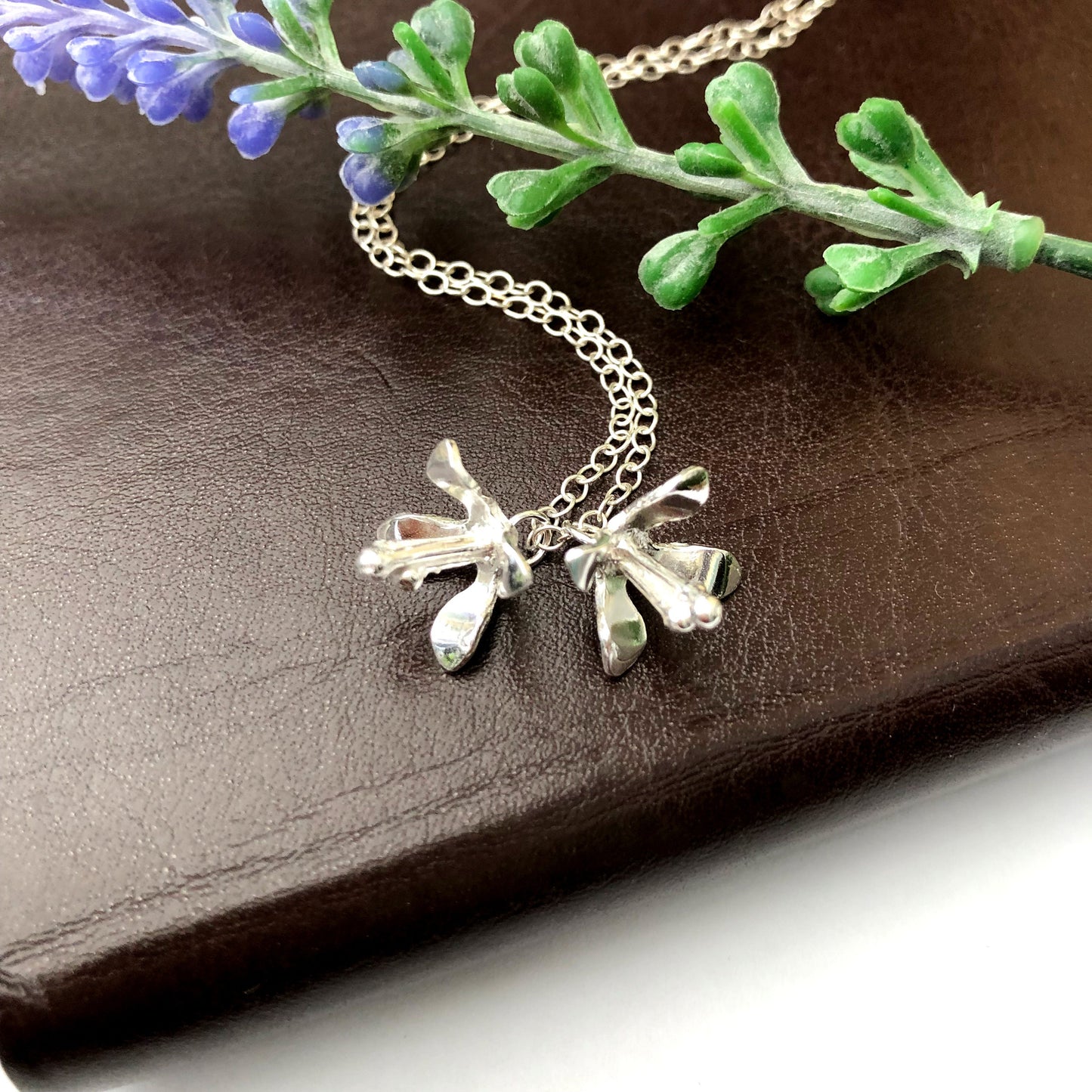 Double Lily Charm Necklace, Sterling Silver Flower Drop Pendant