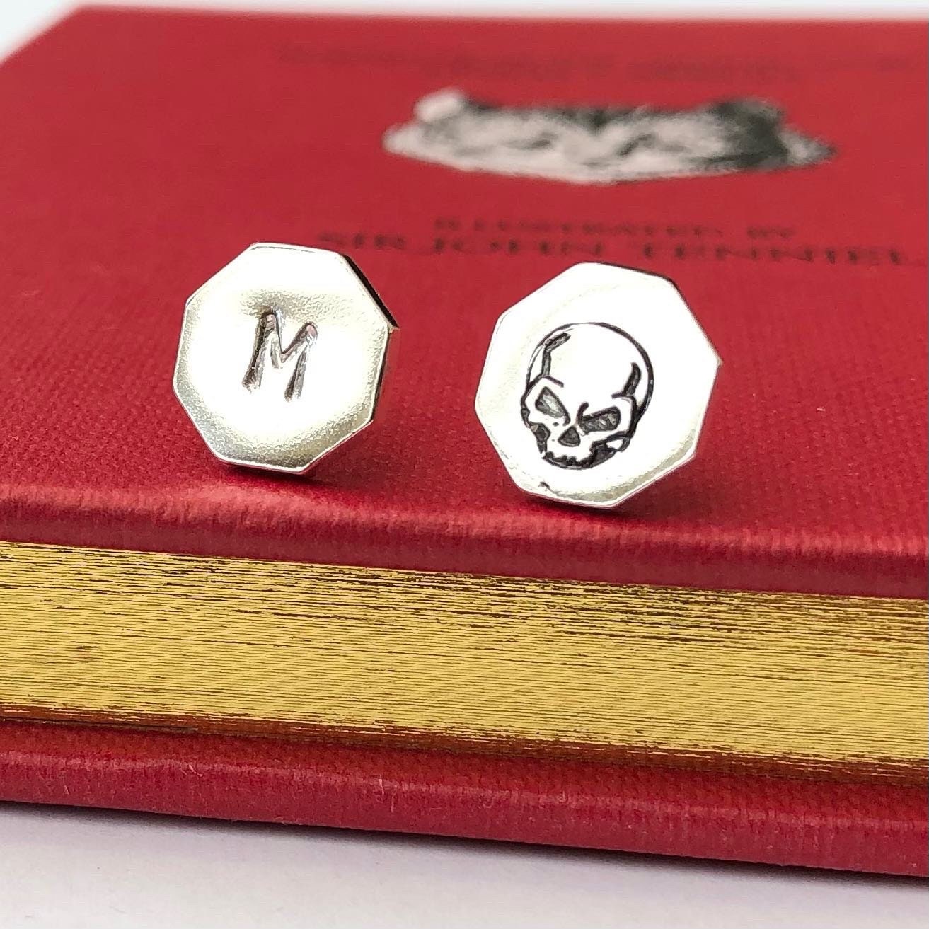 Sterling Silver Angry Skull And Initial Earrings, Personalised Mismatched Skull Studs