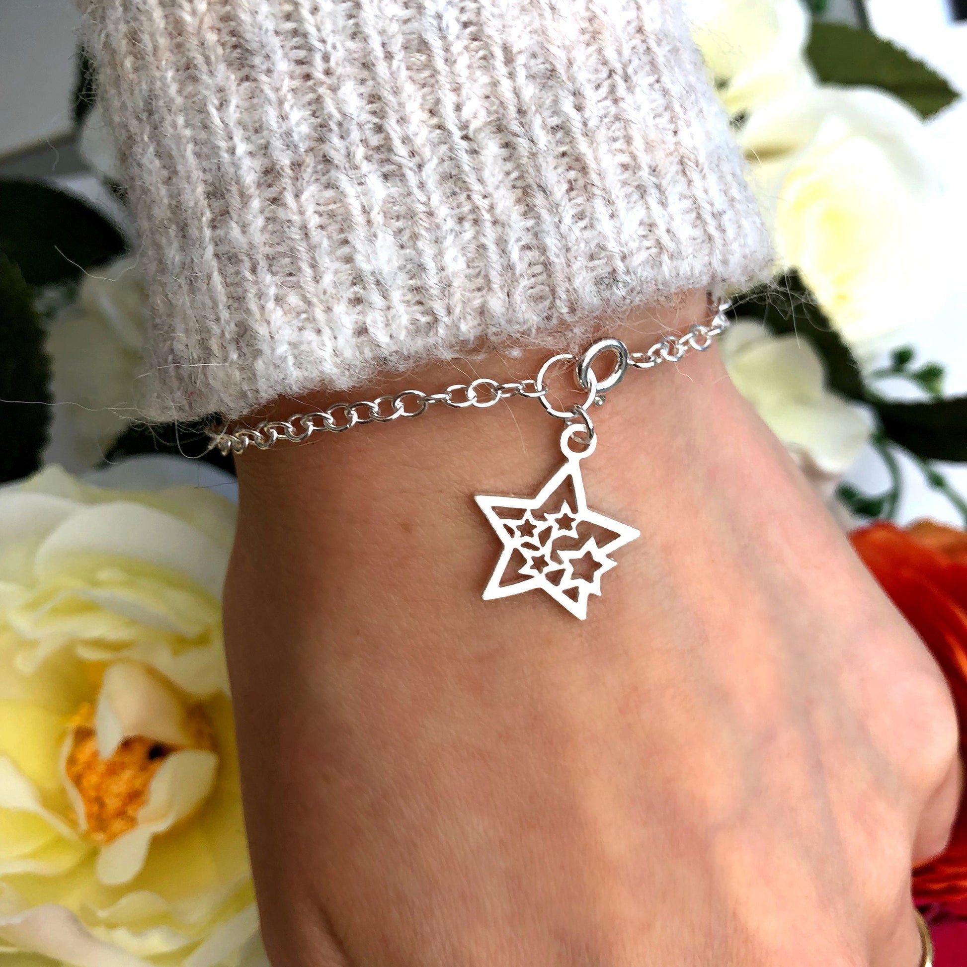 handmade sterling silver five stars bracelet
