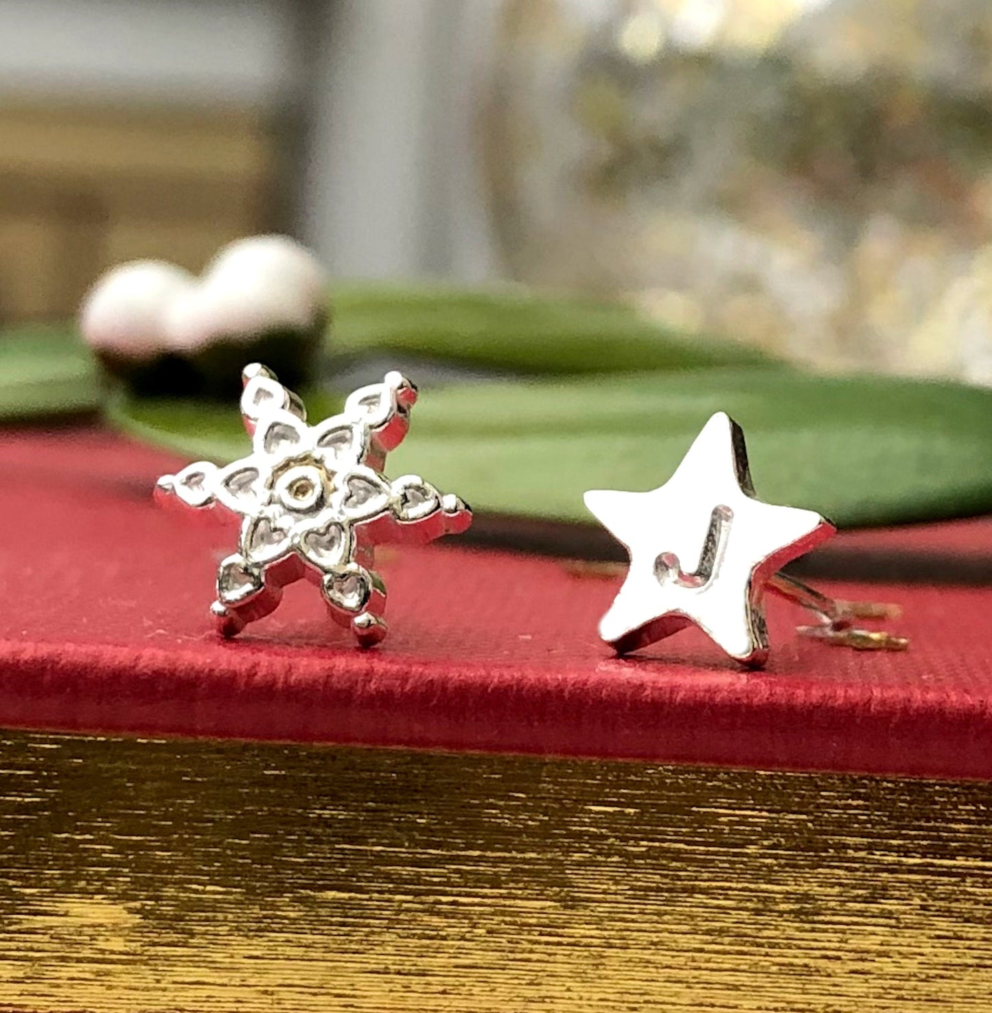 Personalised Mismatched Sterling Silver Snowflake and Initial Star Earrings