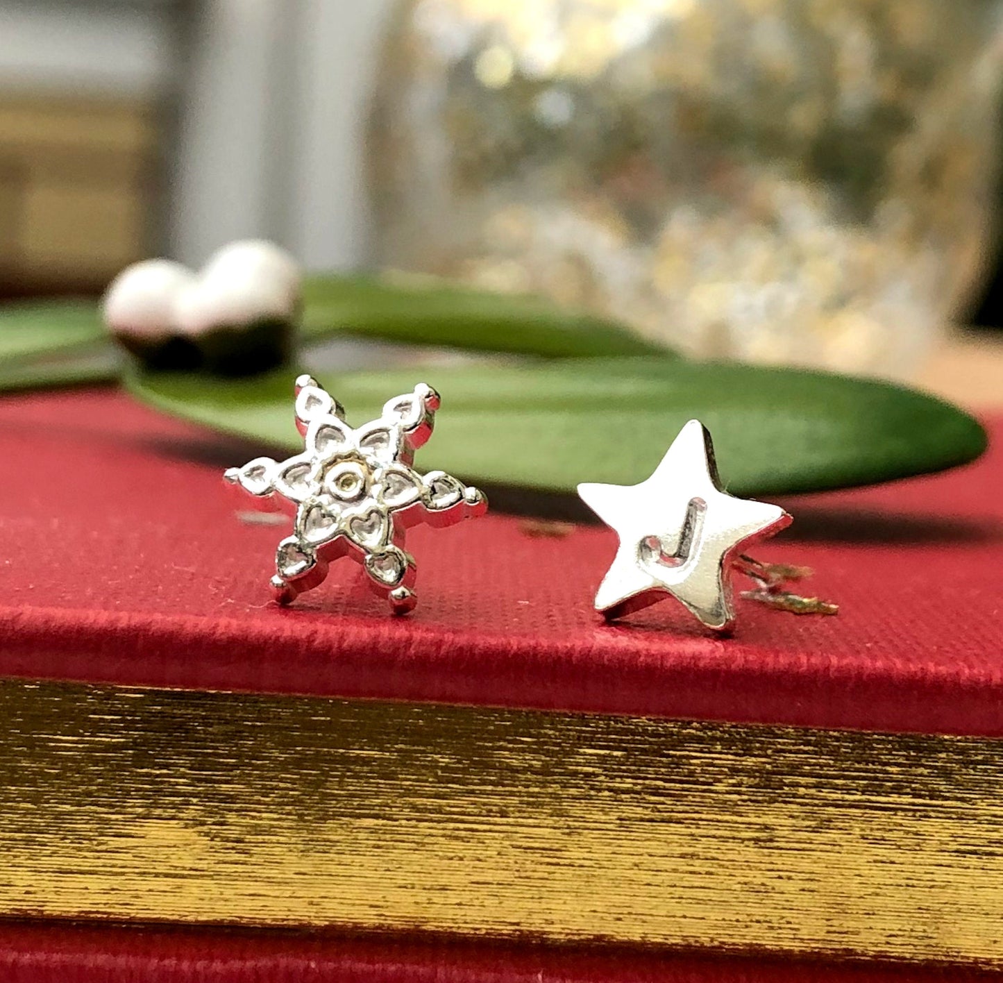 Personalised Mismatched Sterling Silver Snowflake and Initial Star Earrings