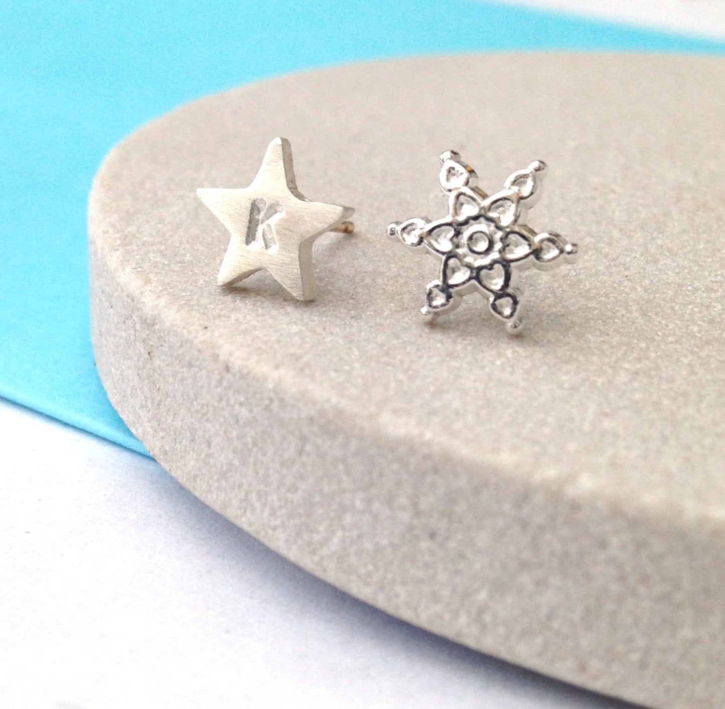 Personalised Mismatched Sterling Silver Snowflake and Initial Star Earrings