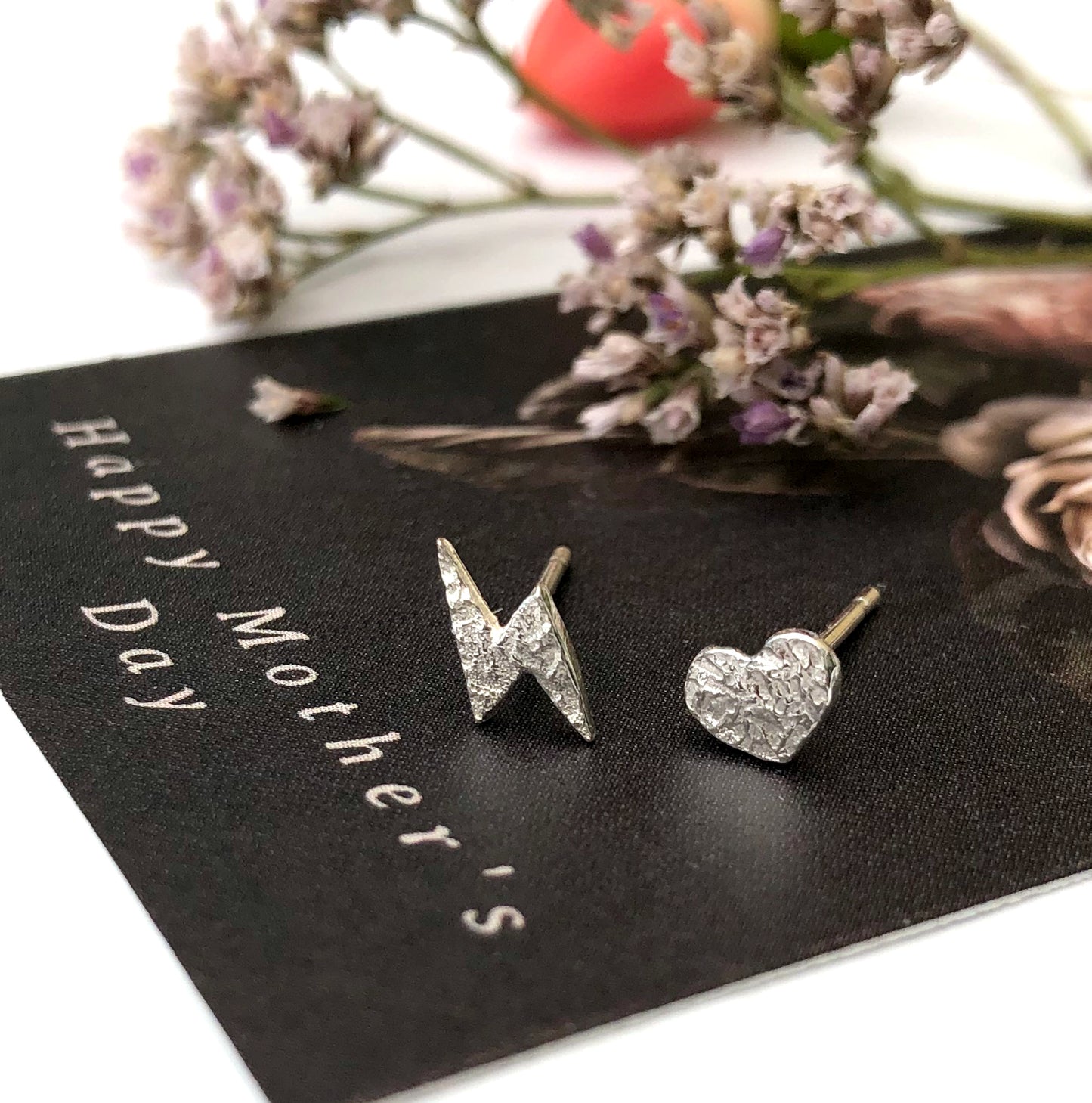 Heart And Lightning Bolt Earrings, Sterling Silver Small Mismatched Stud Earrings