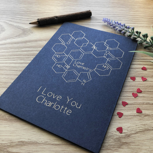 personalised molecule love chemistry gold foil  card