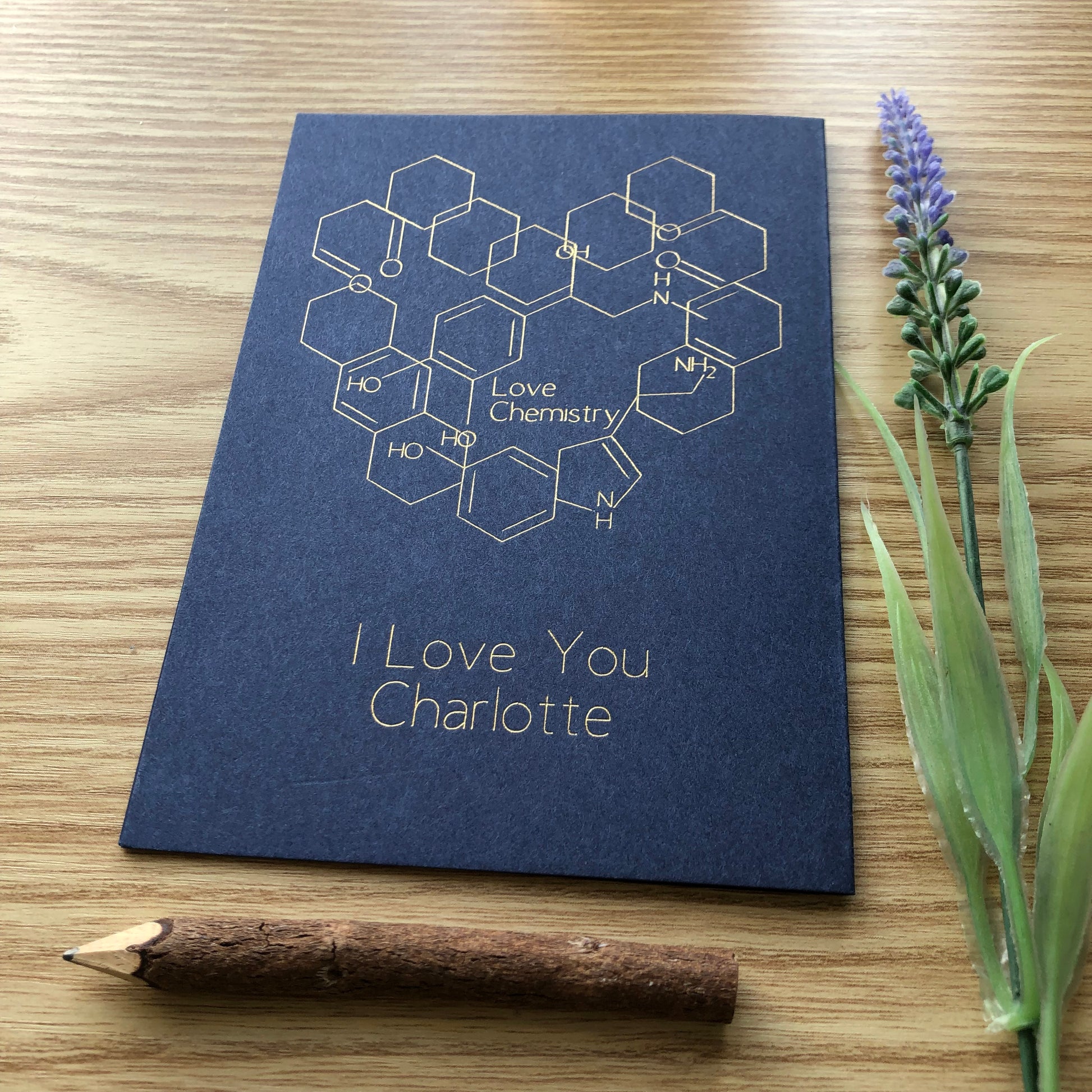 personalised gold foil love chemistry card