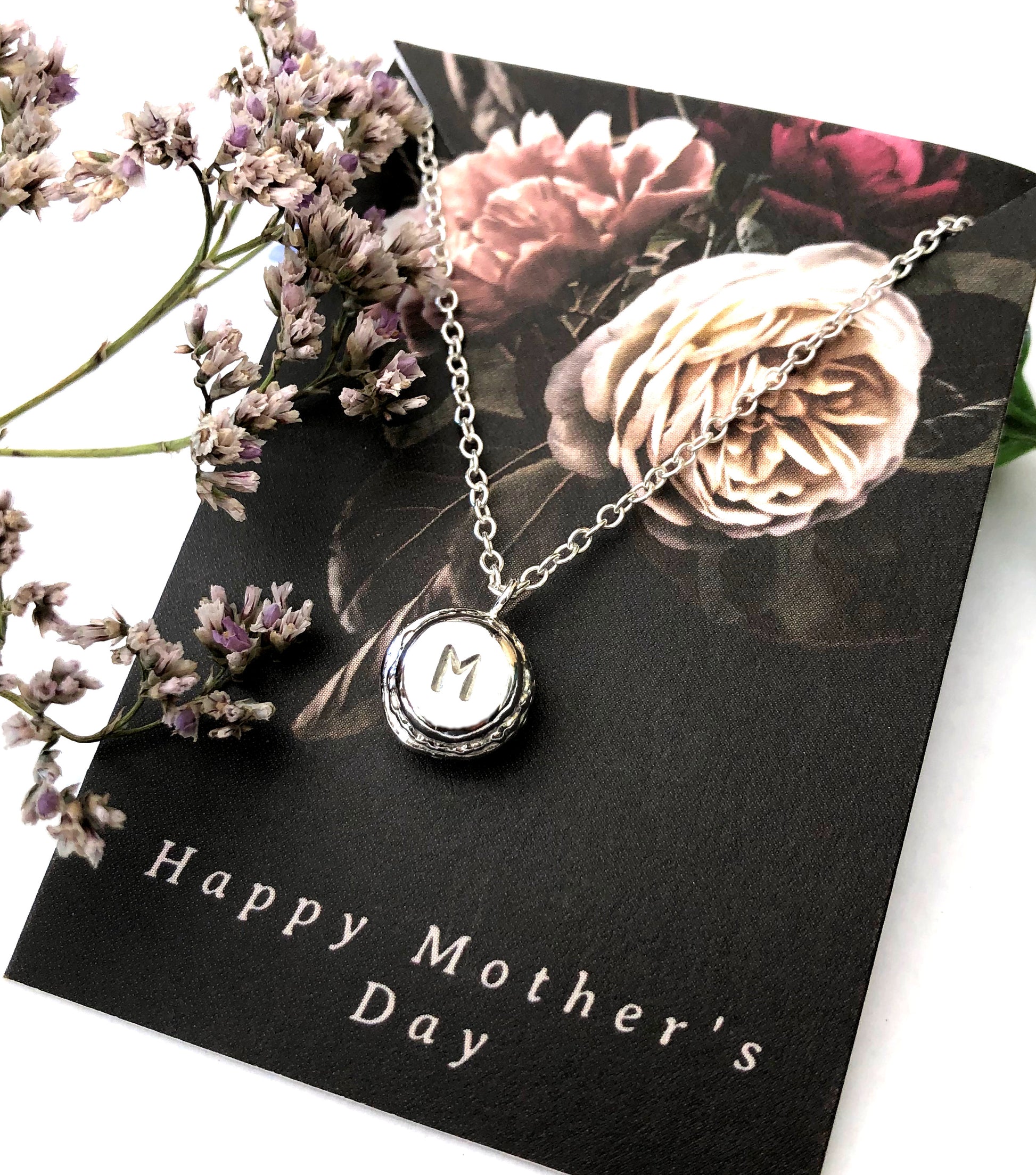 sterling silver initial macaron necklace with happy mother's day card
