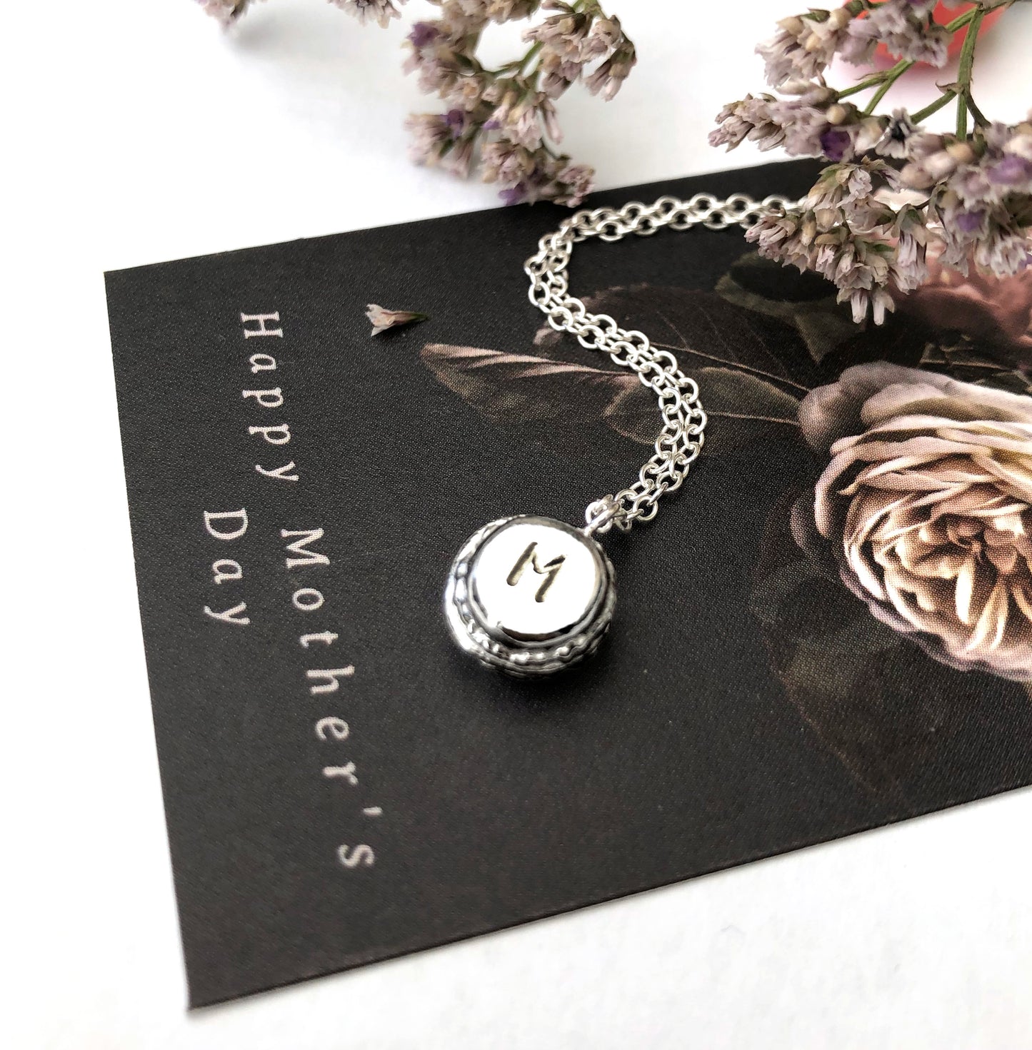 personalised mini macaroon charm necklace with happy mother's day card