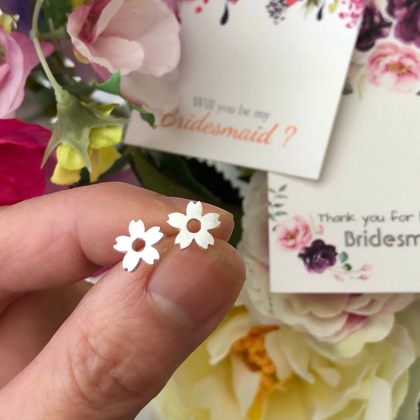 Sterling Silver Mini Cherry Blossom Earrings, Mini Elegant Flower Studs, Sakura Jewellery