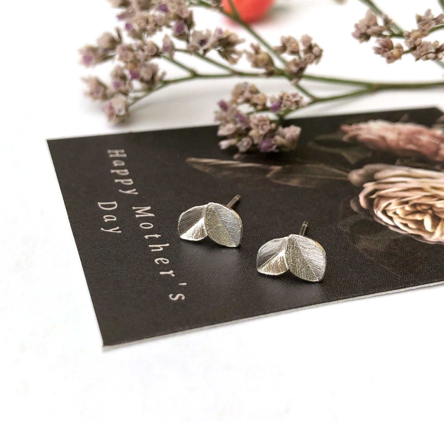 Mini Leaf Sterling Silver Earrings, Small Beech Leaves Stud, Dainty Botanical Jewellery