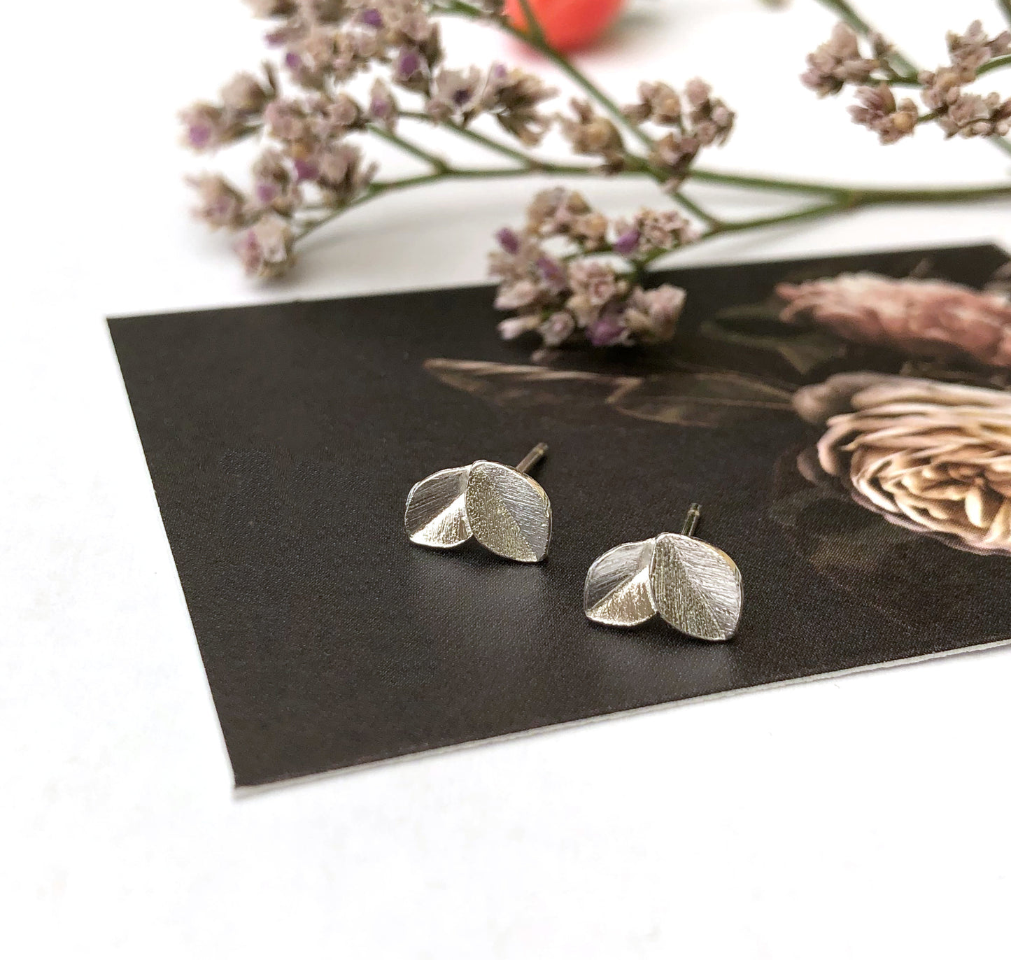 Mini Leaf Sterling Silver Earrings, Small Beech Leaves Stud, Dainty Botanical Jewellery